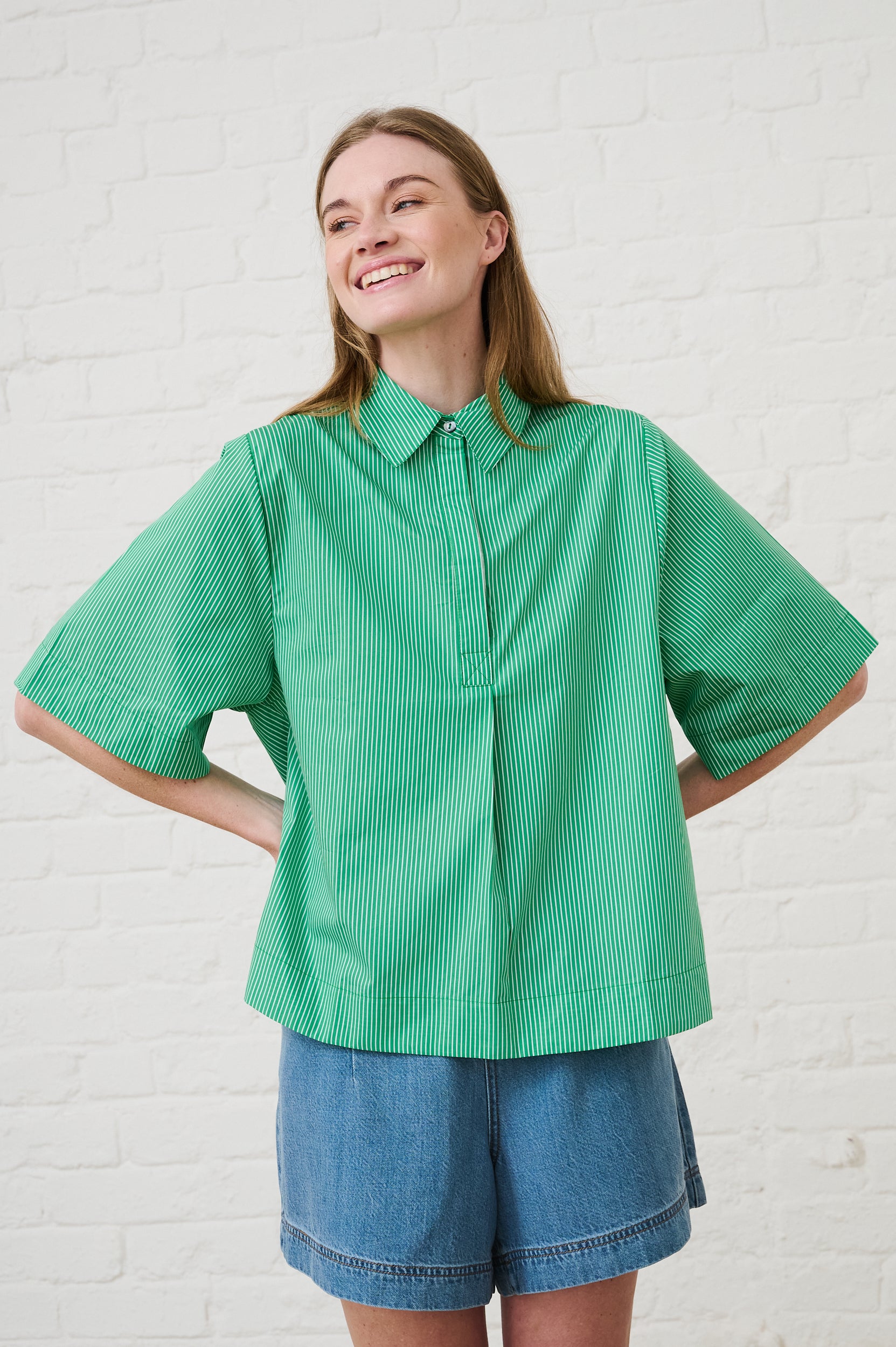 Cotton Boxy Shirt in Green Stripe