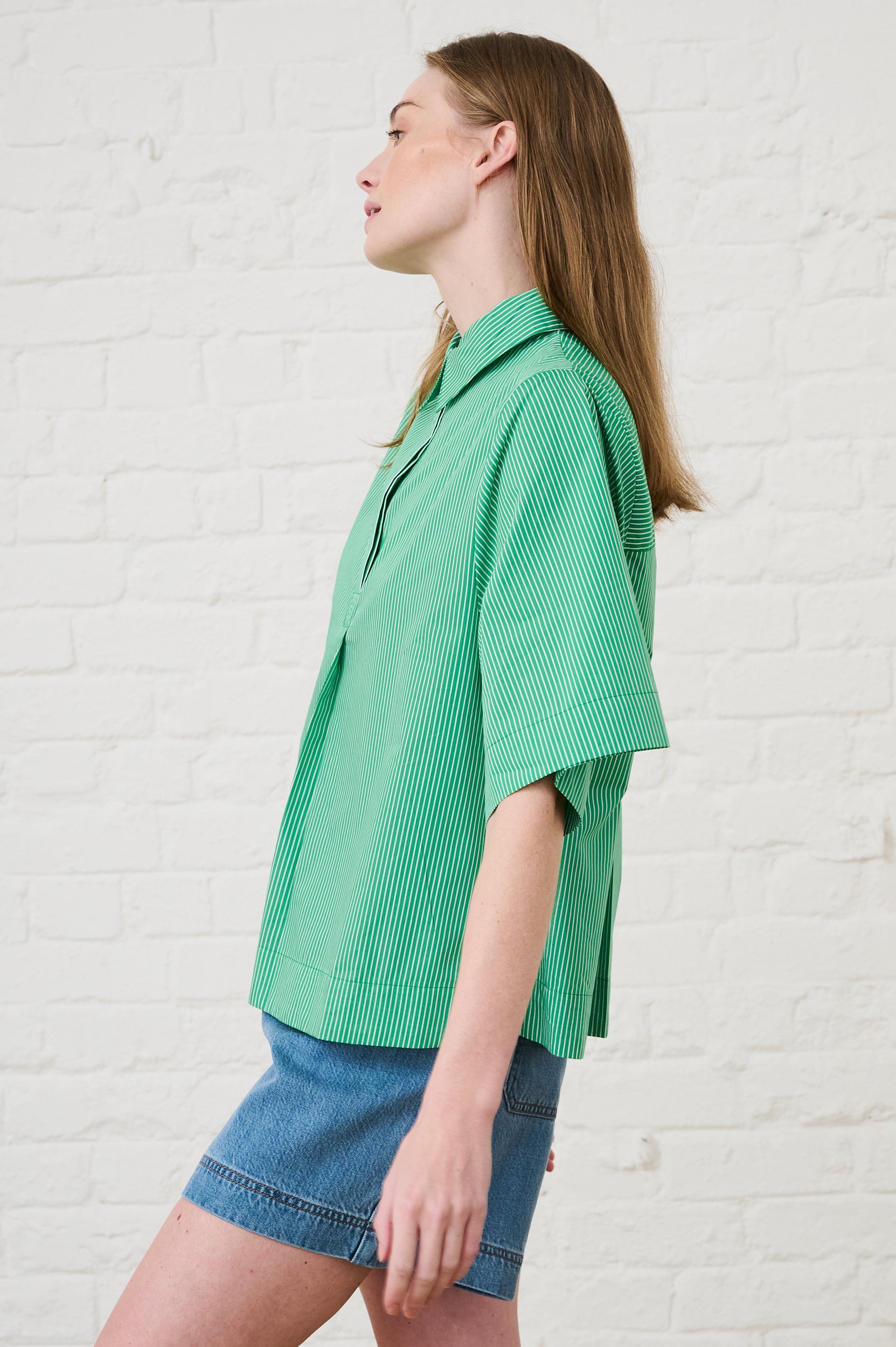 Cotton Boxy Shirt in Green Stripe