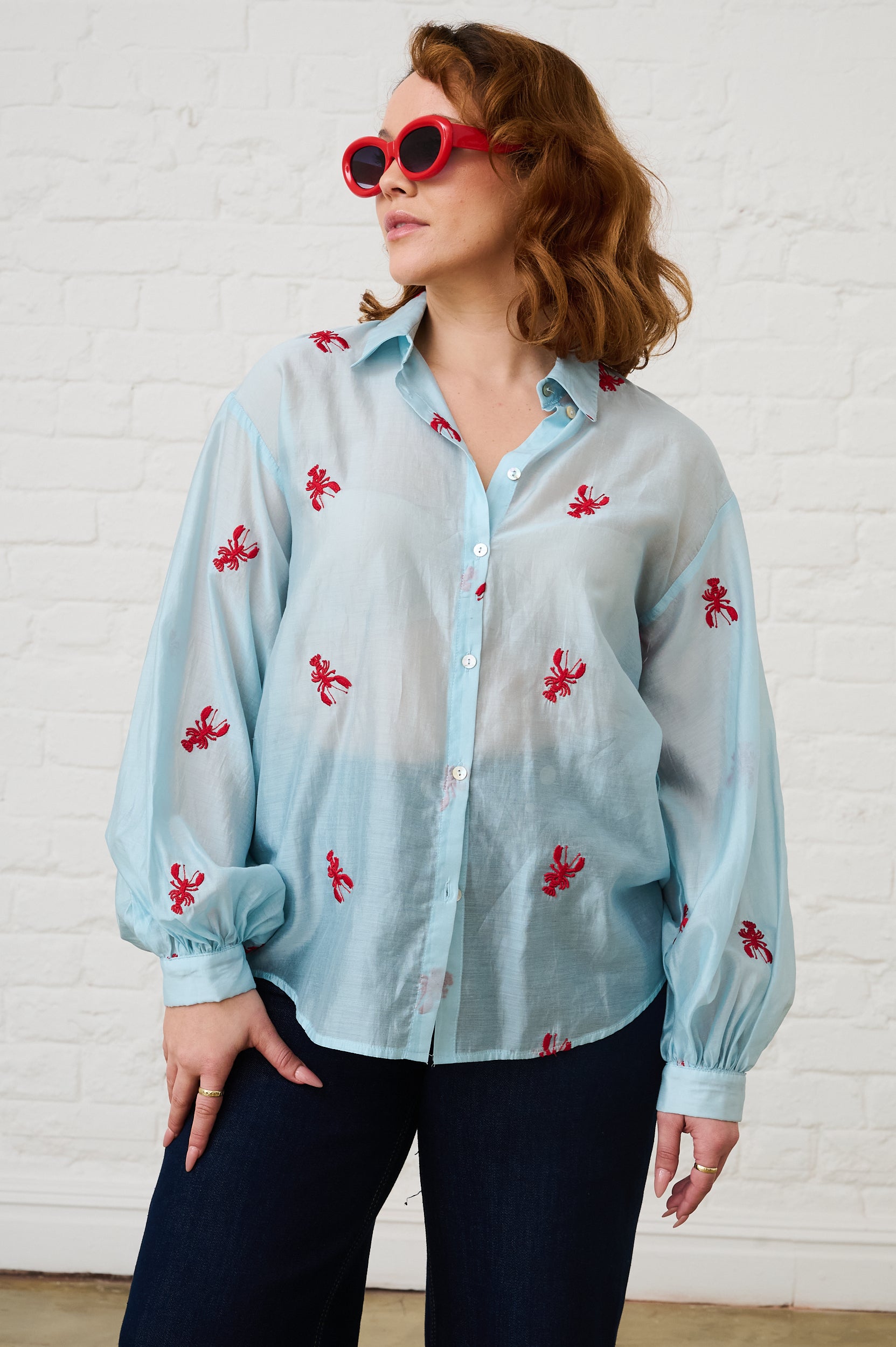 Bellow Sleeve Shirt in Embroidered Lobster