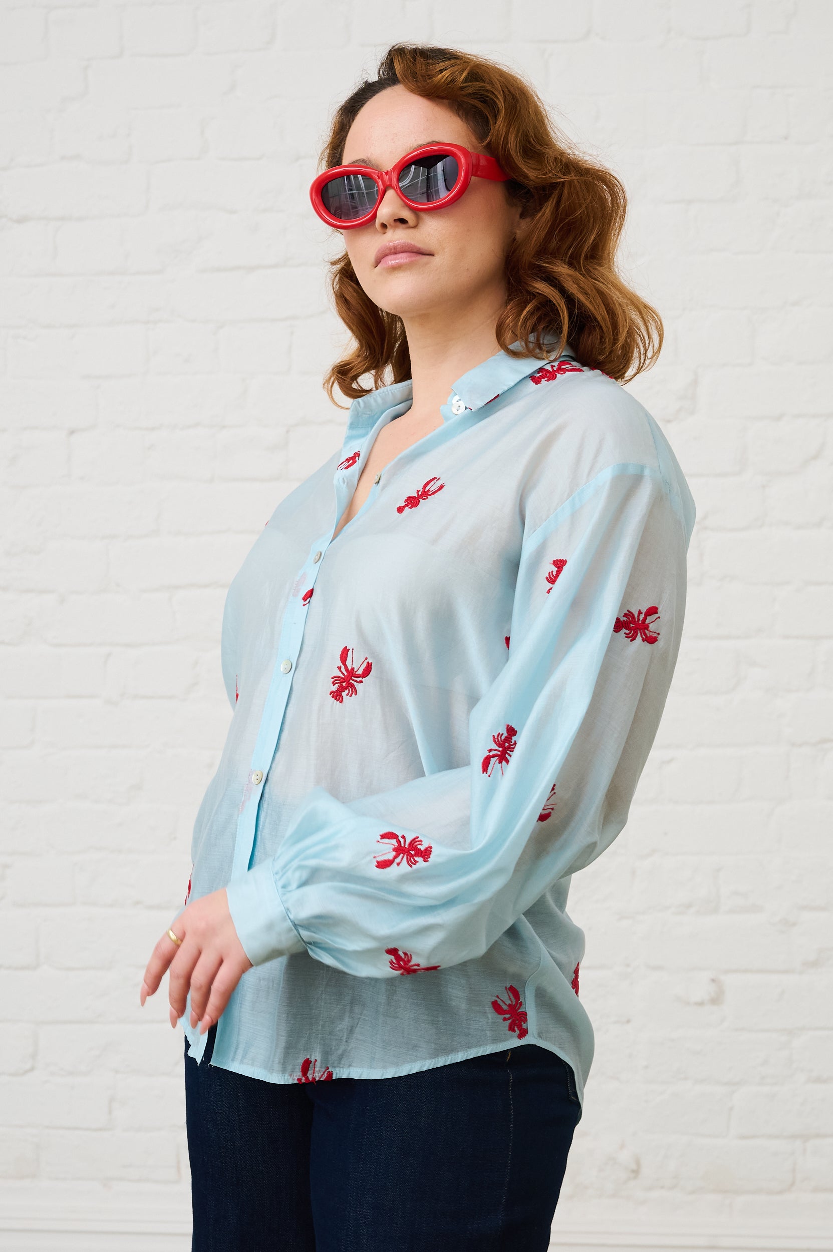 Bellow Sleeve Shirt in Embroidered Lobster