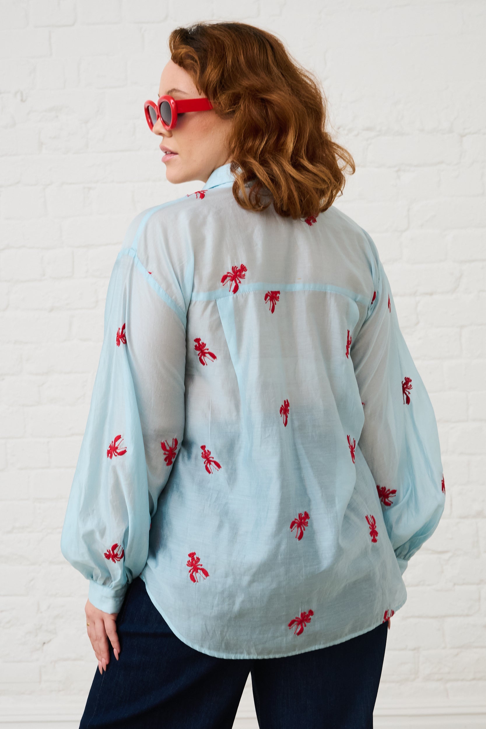Bellow Sleeve Shirt in Embroidered Lobster