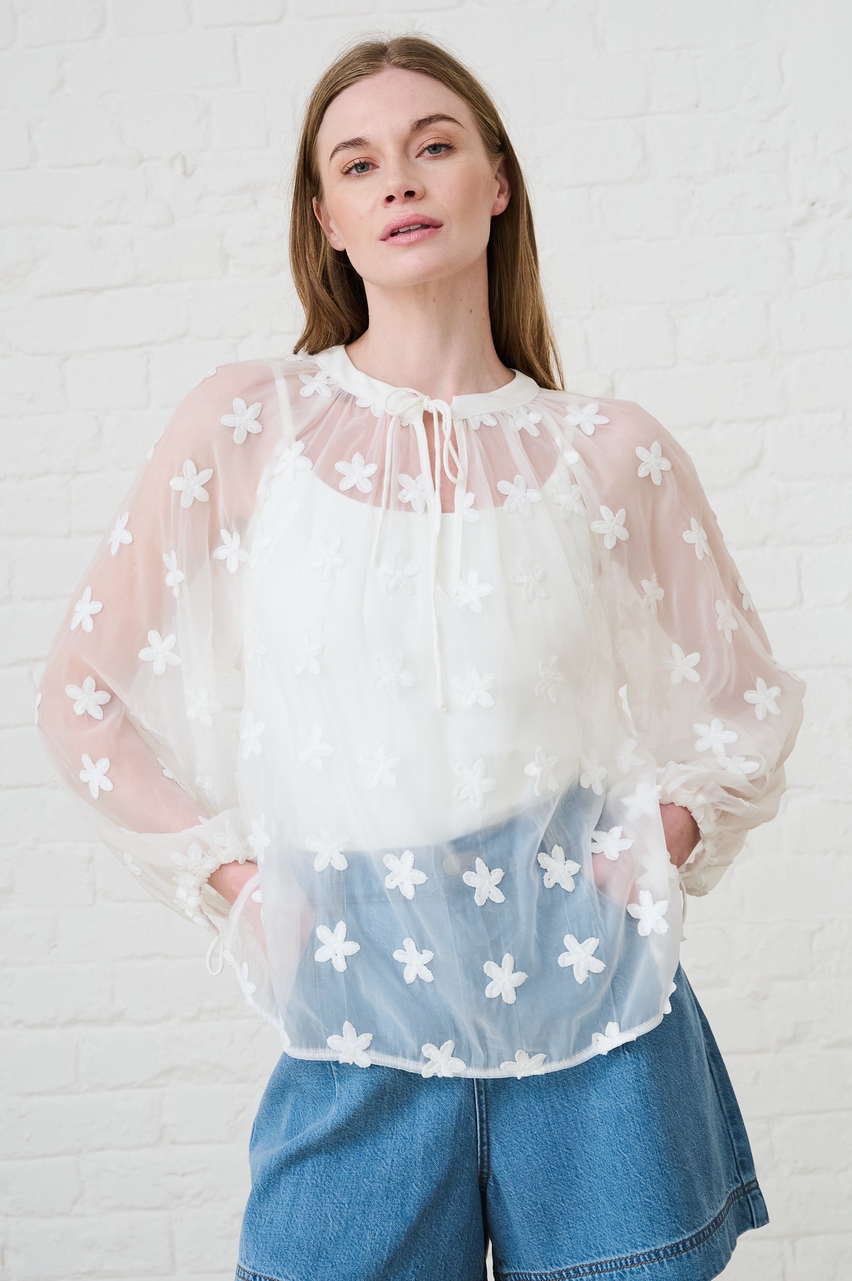 Peasant Blouse in Milk with Embroidered Flowers