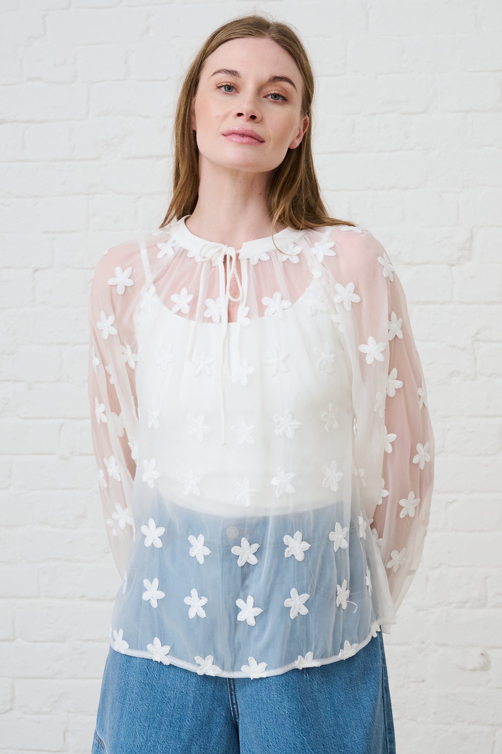 Peasant Blouse in Milk with Embroidered Flowers