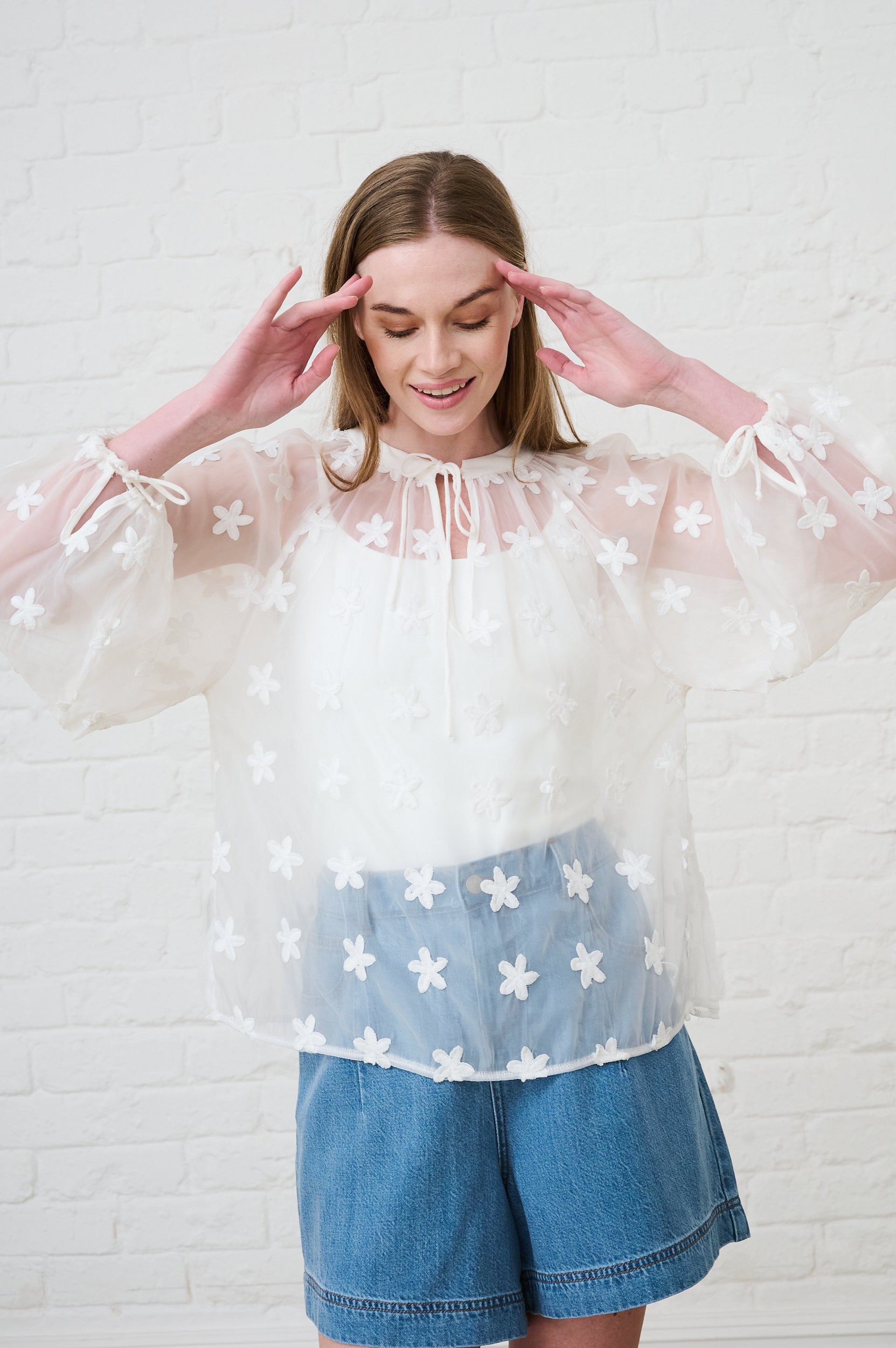 Peasant Blouse in Milk with Embroidered Flowers