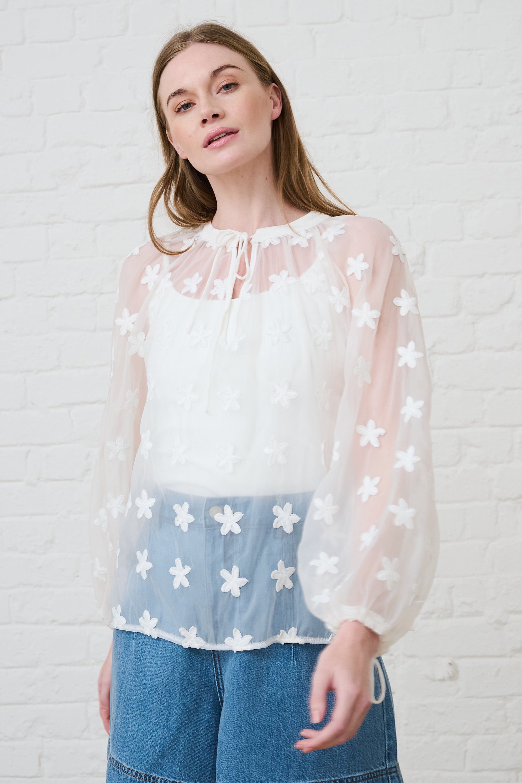 Peasant Blouse in Milk with Embroidered Flowers