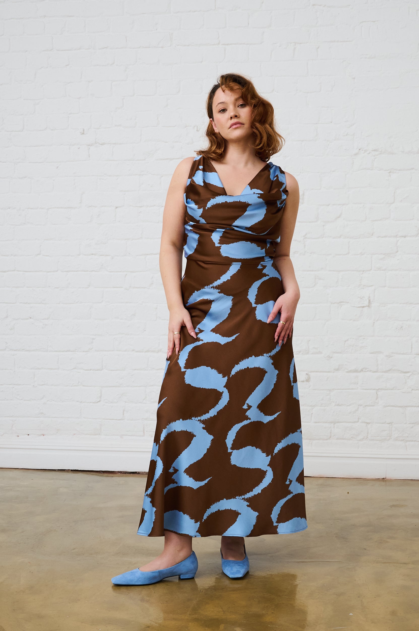 Cowl Neck Satin Dress in Choc Wave