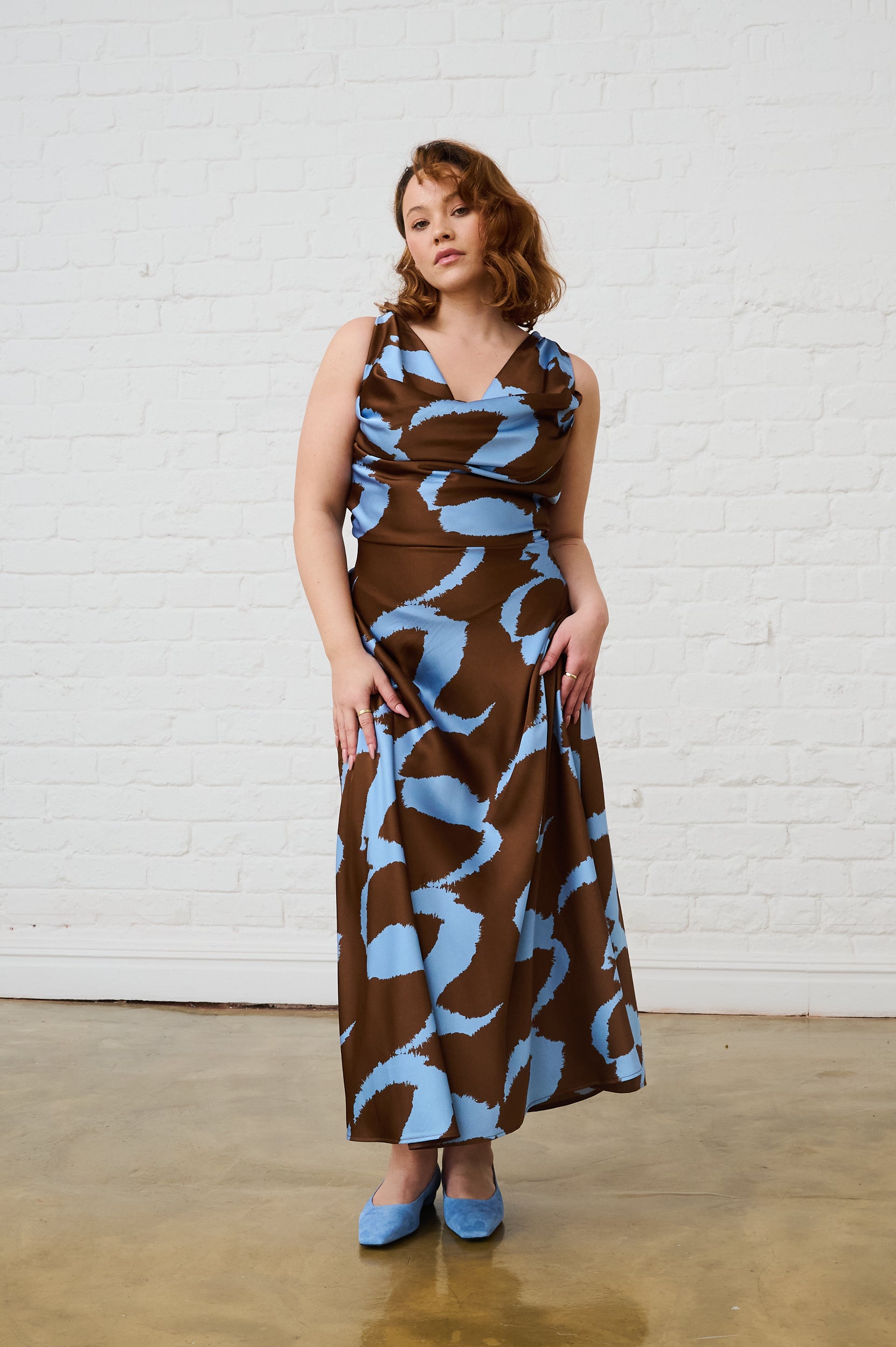 Cowl Neck Satin Dress in Choc Wave