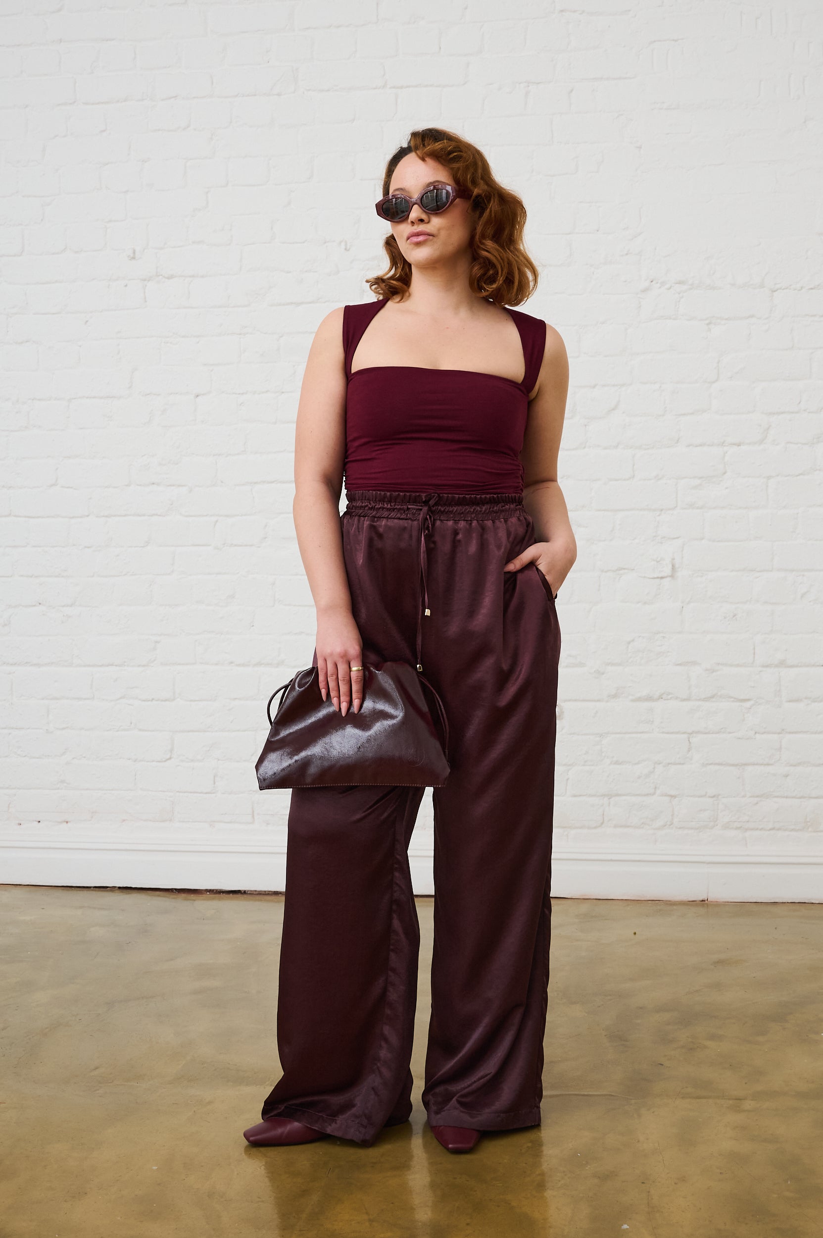 Satin Pull on Pant in Burgundy