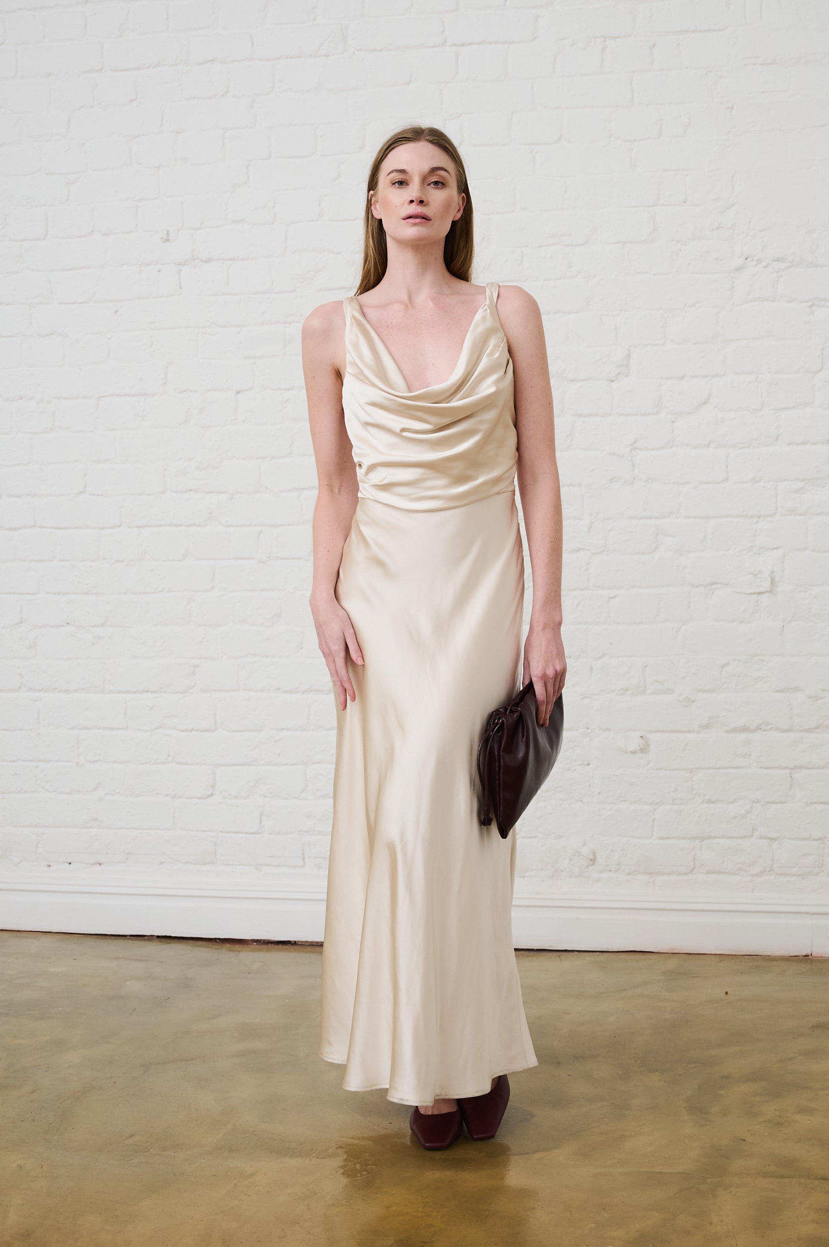 Cowl Neck Satin Dress in Champagne