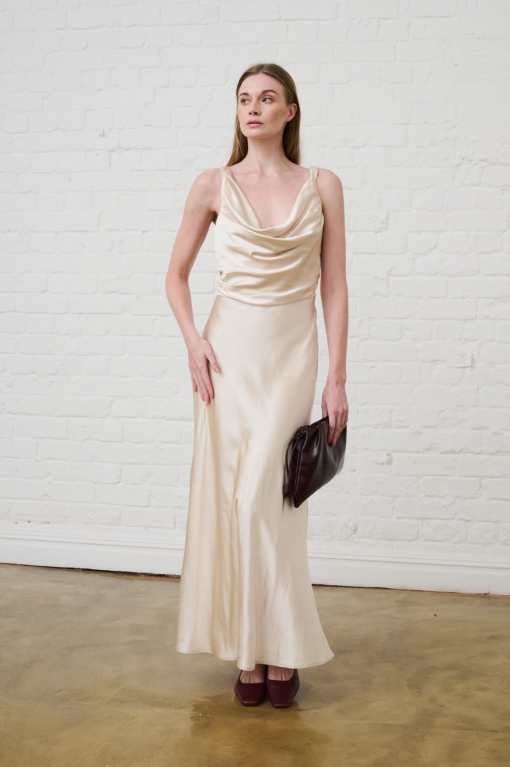Cowl Neck Satin Dress in Champagne Me&B Cowl Neck Satin Dress in Champagne Me&B
