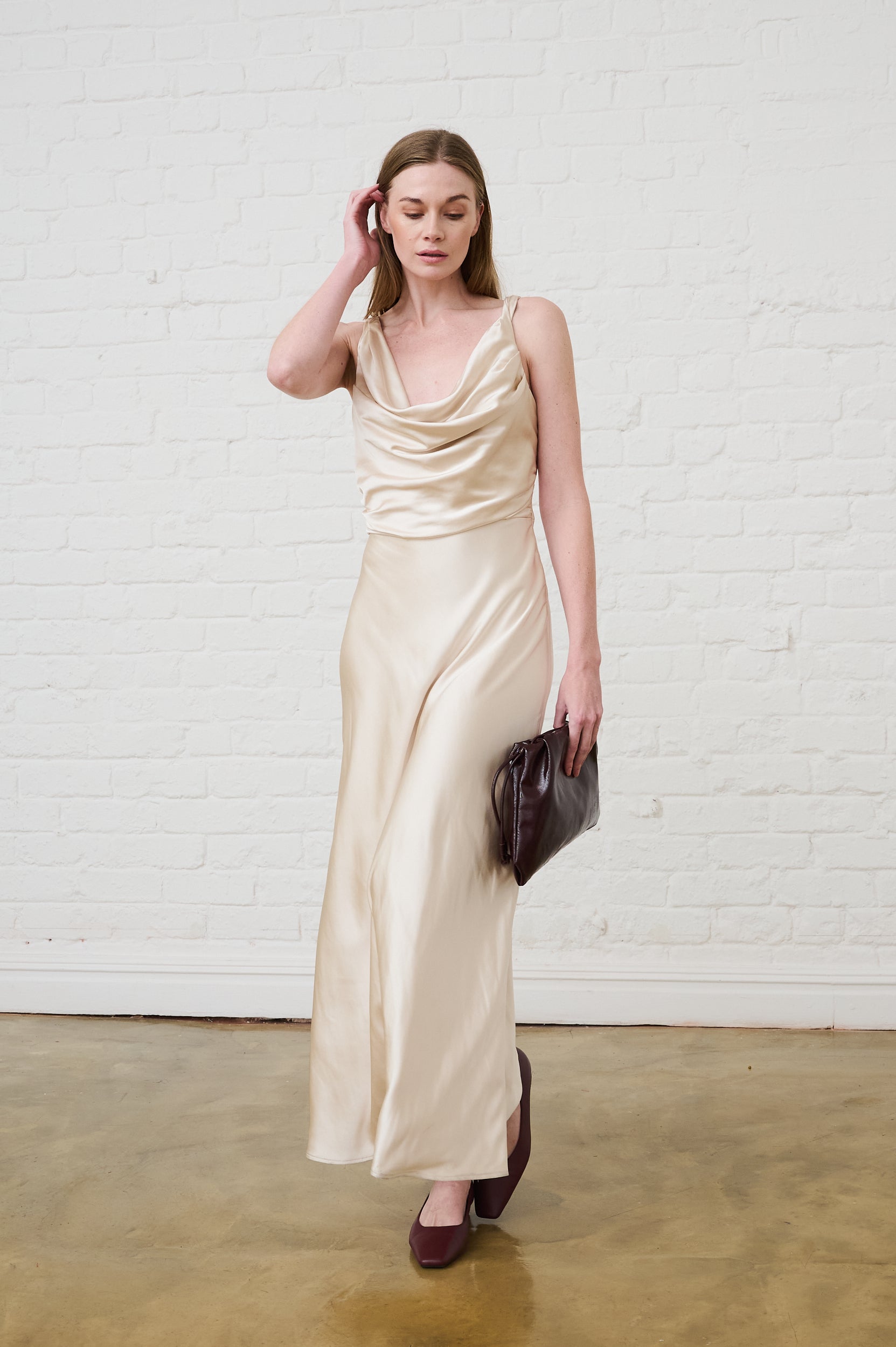 Cowl Neck Satin Dress in Champagne