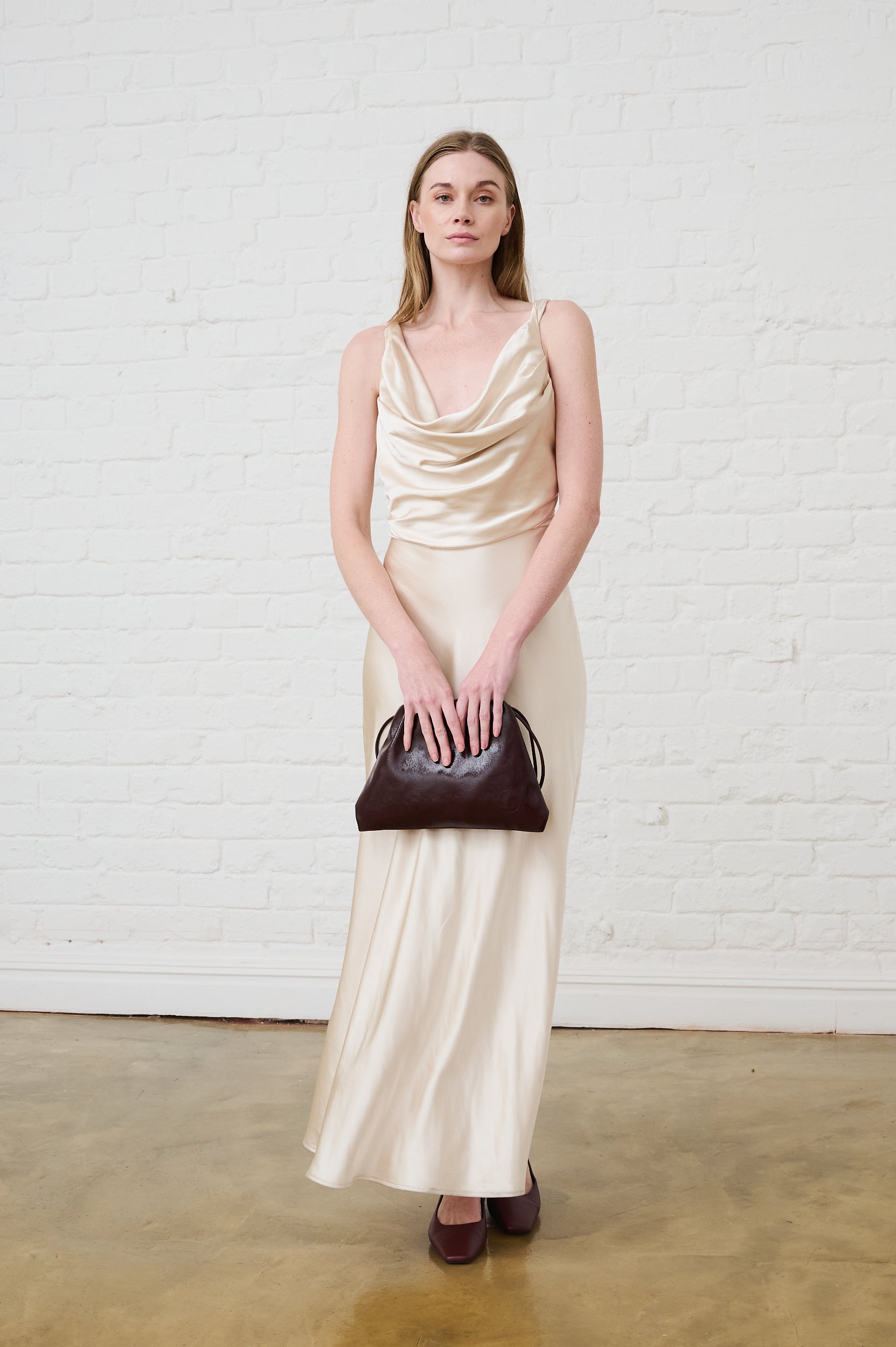Cowl Neck Satin Dress in Champagne