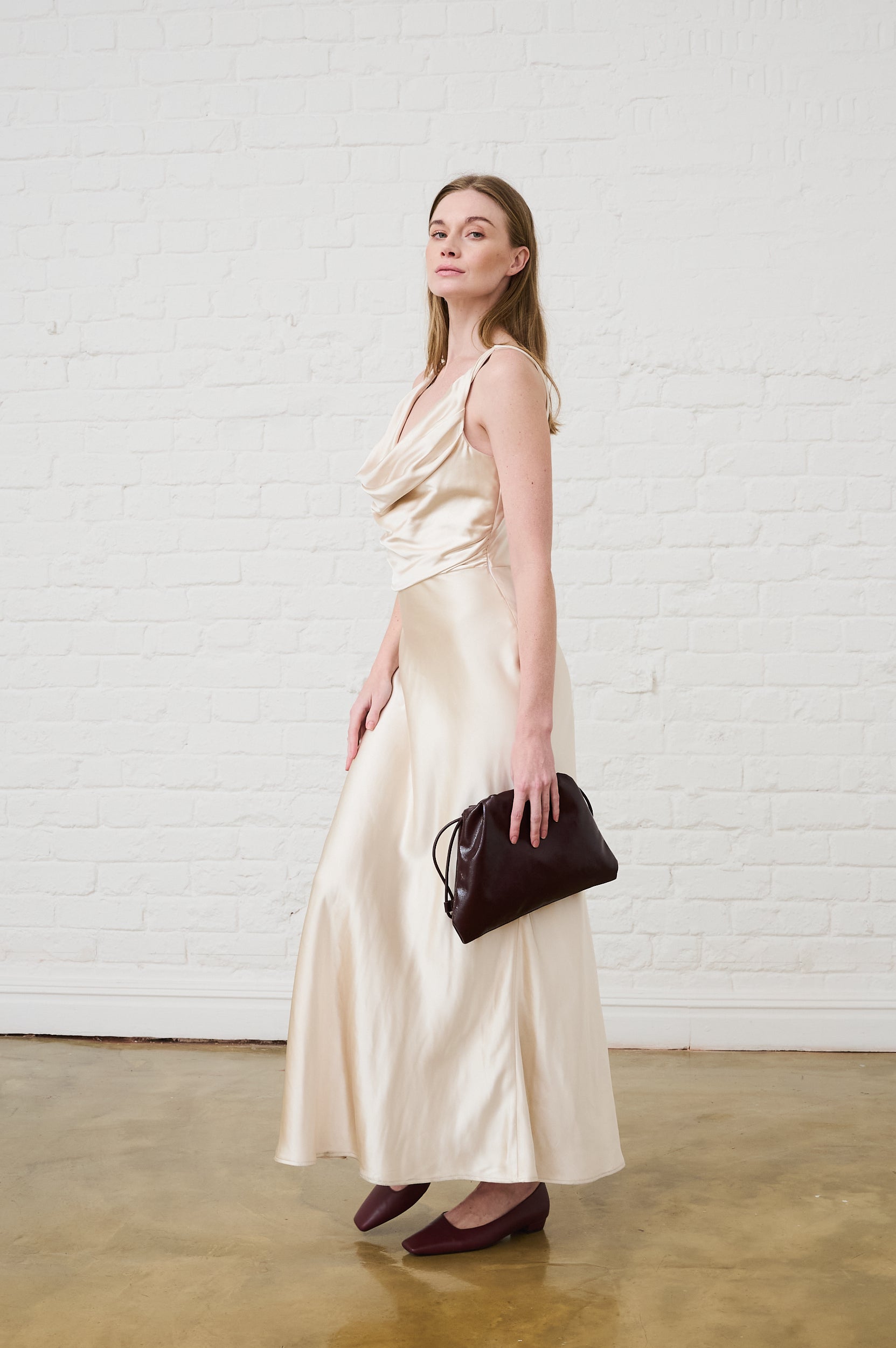 Cowl Neck Satin Dress in Champagne
