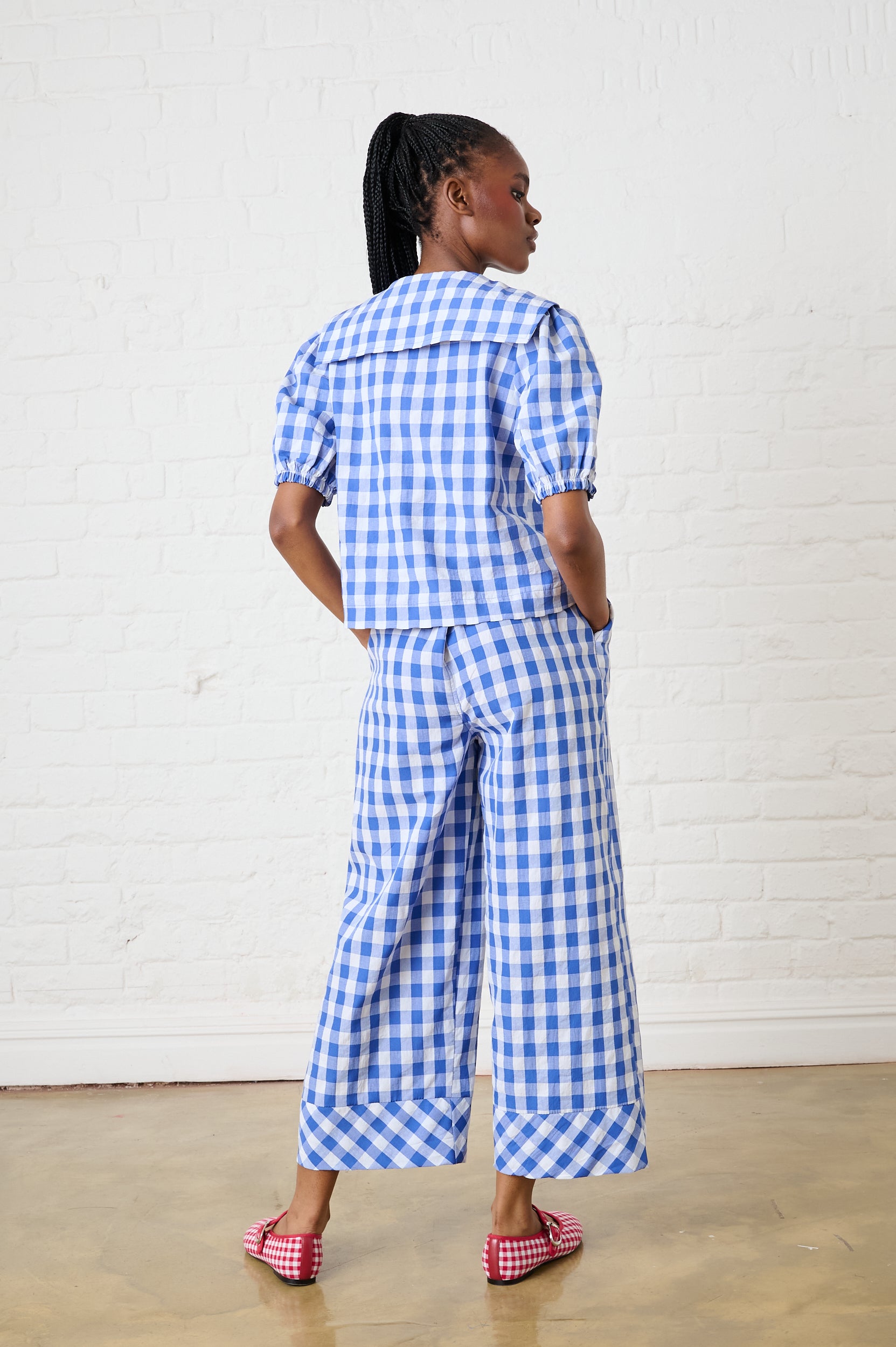 Elasticated Pants with Side Pockets in Blue Gingham