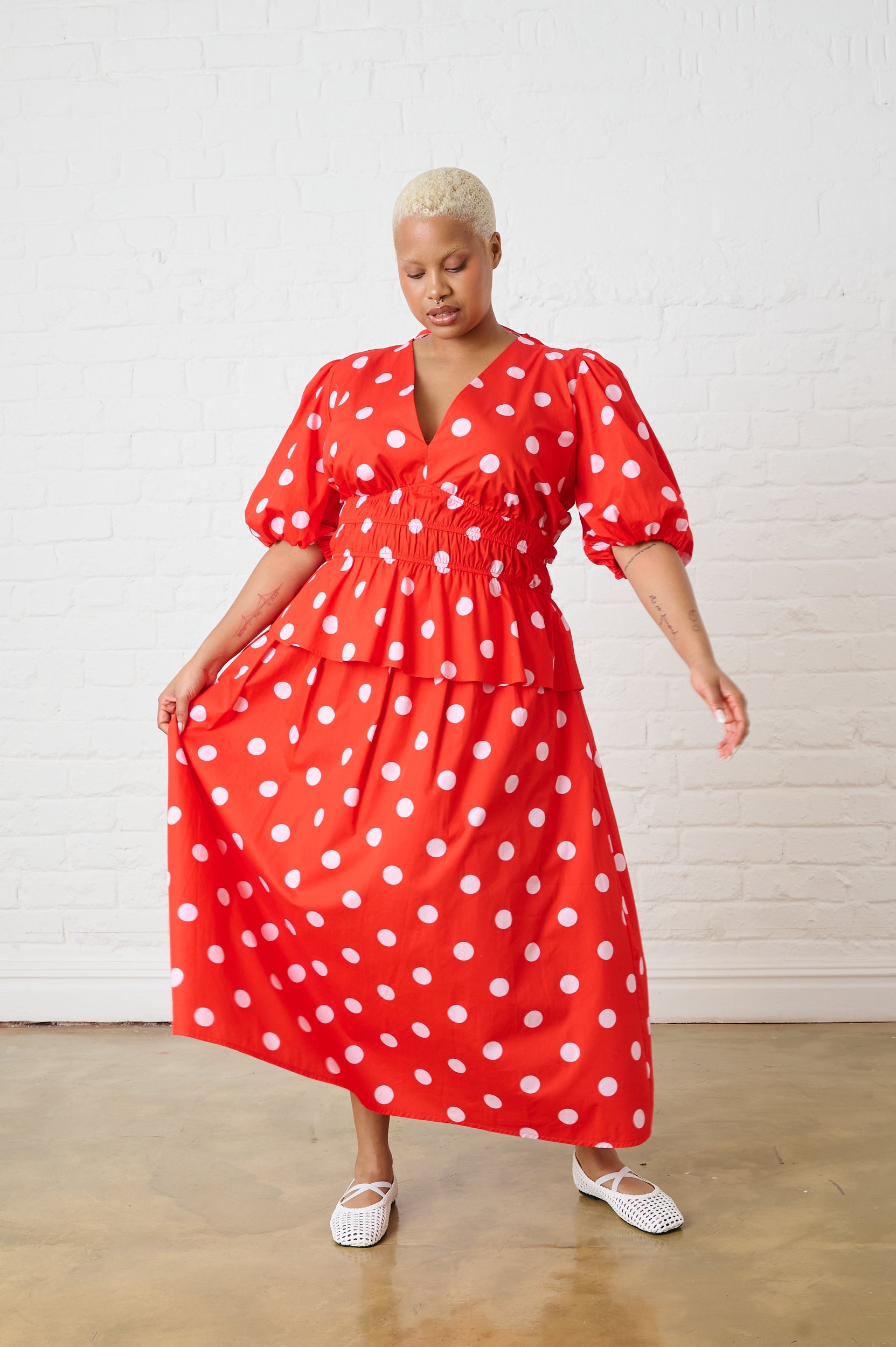 Cotton Maxi Skirt in Pink Spot