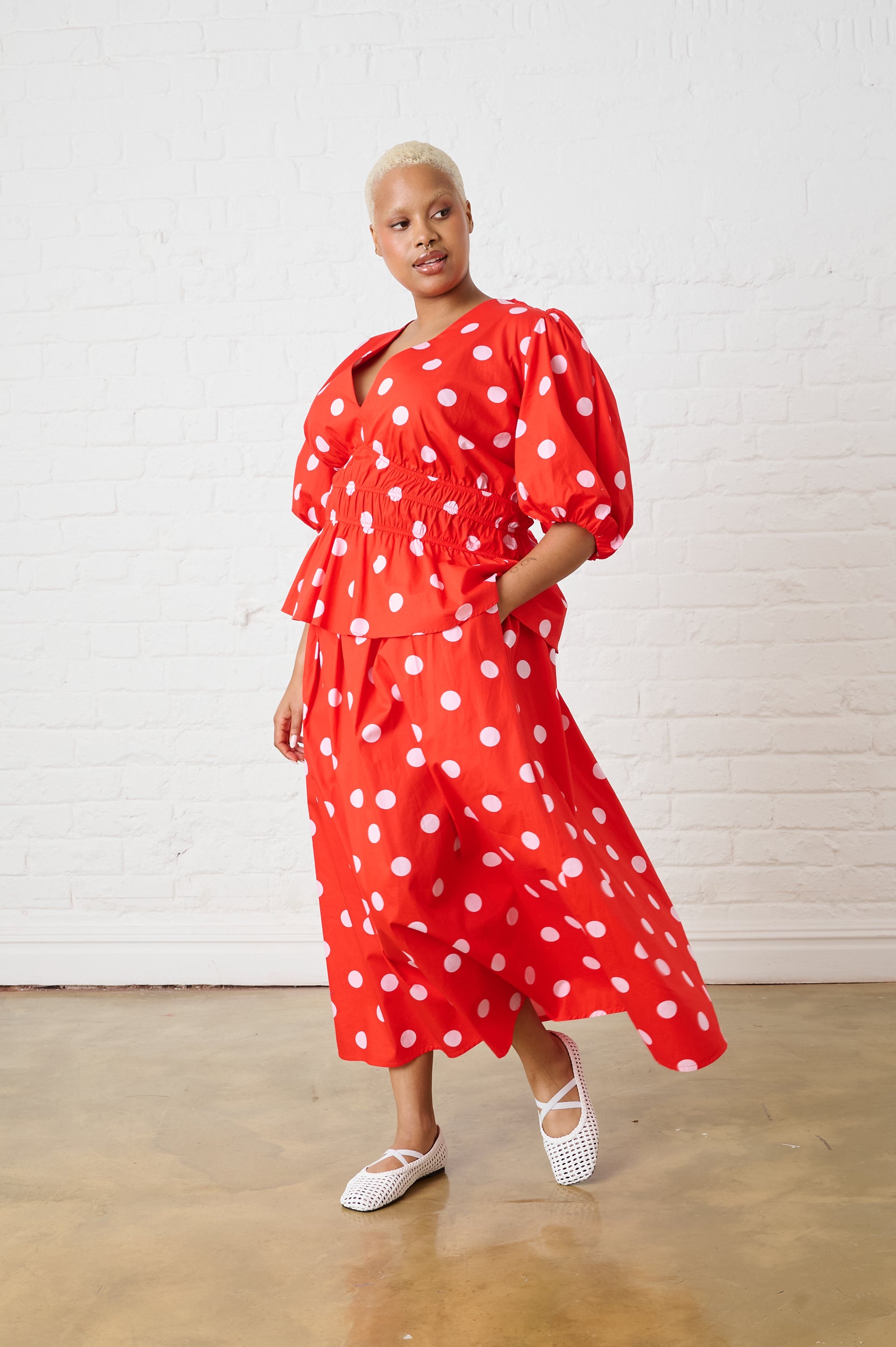 Cotton Maxi Skirt in Pink Spot