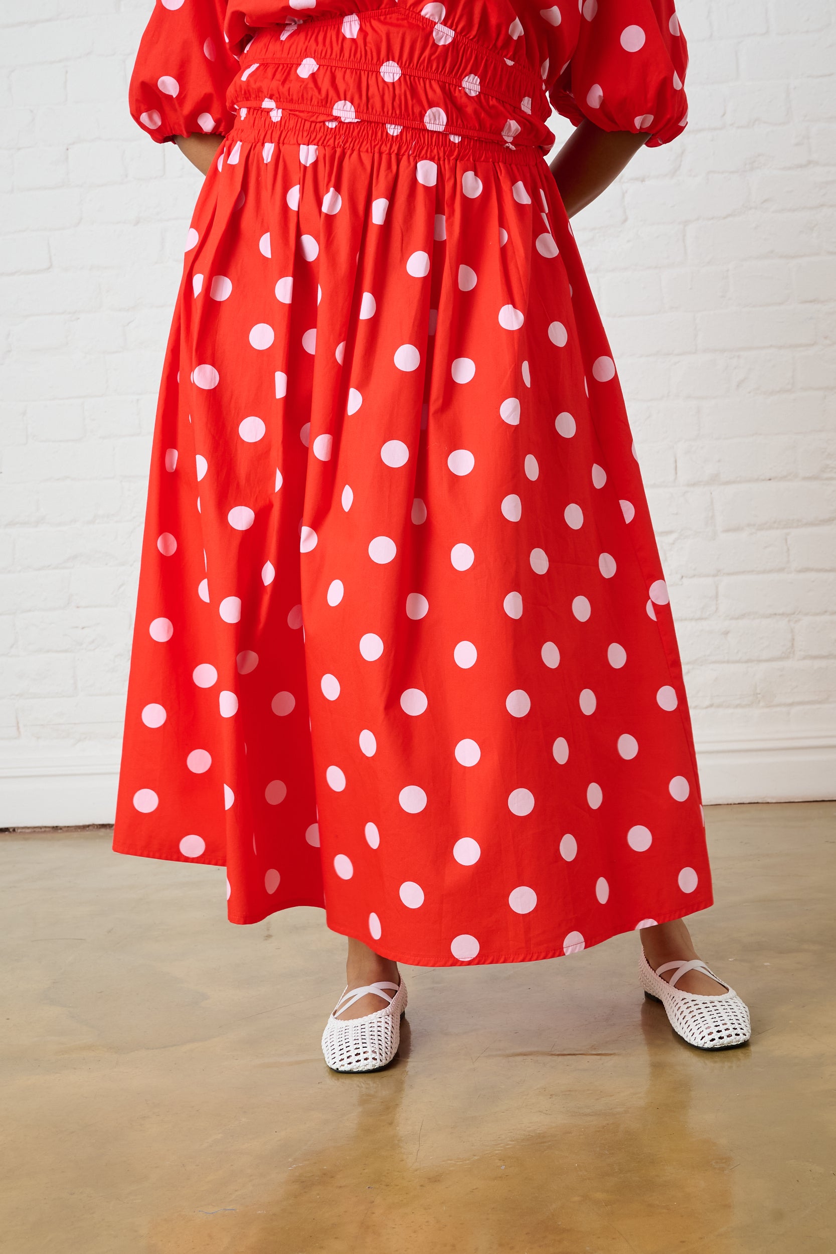Cotton Maxi Skirt in Pink Spot