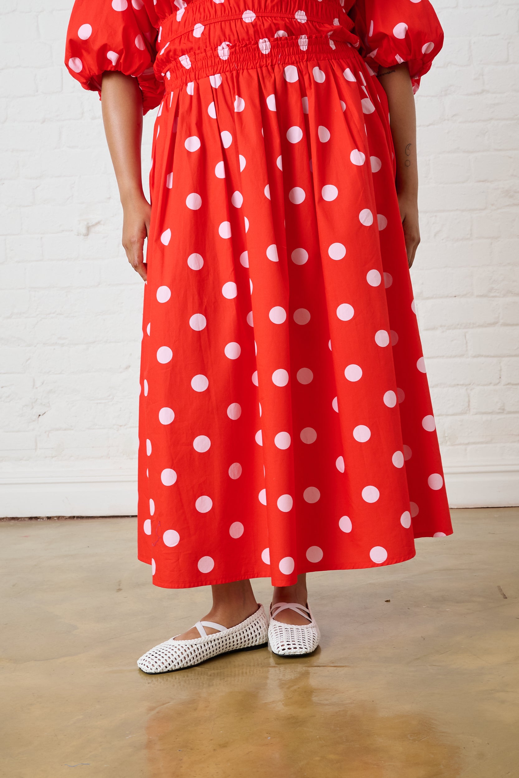 Cotton Maxi Skirt in Pink Spot
