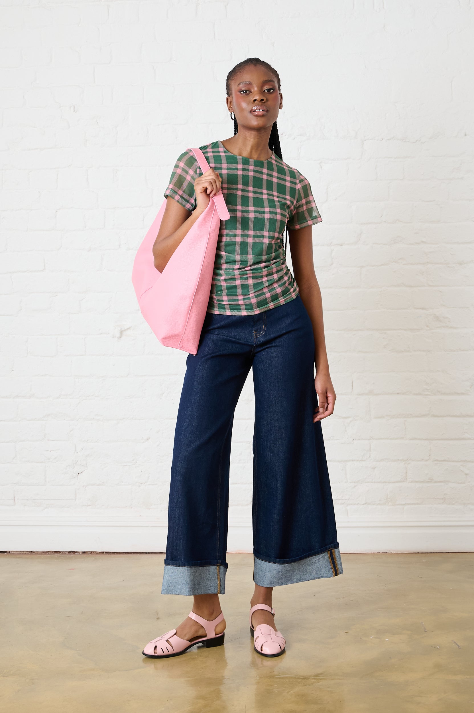 Ruched Mesh Top in Green/Pink Check