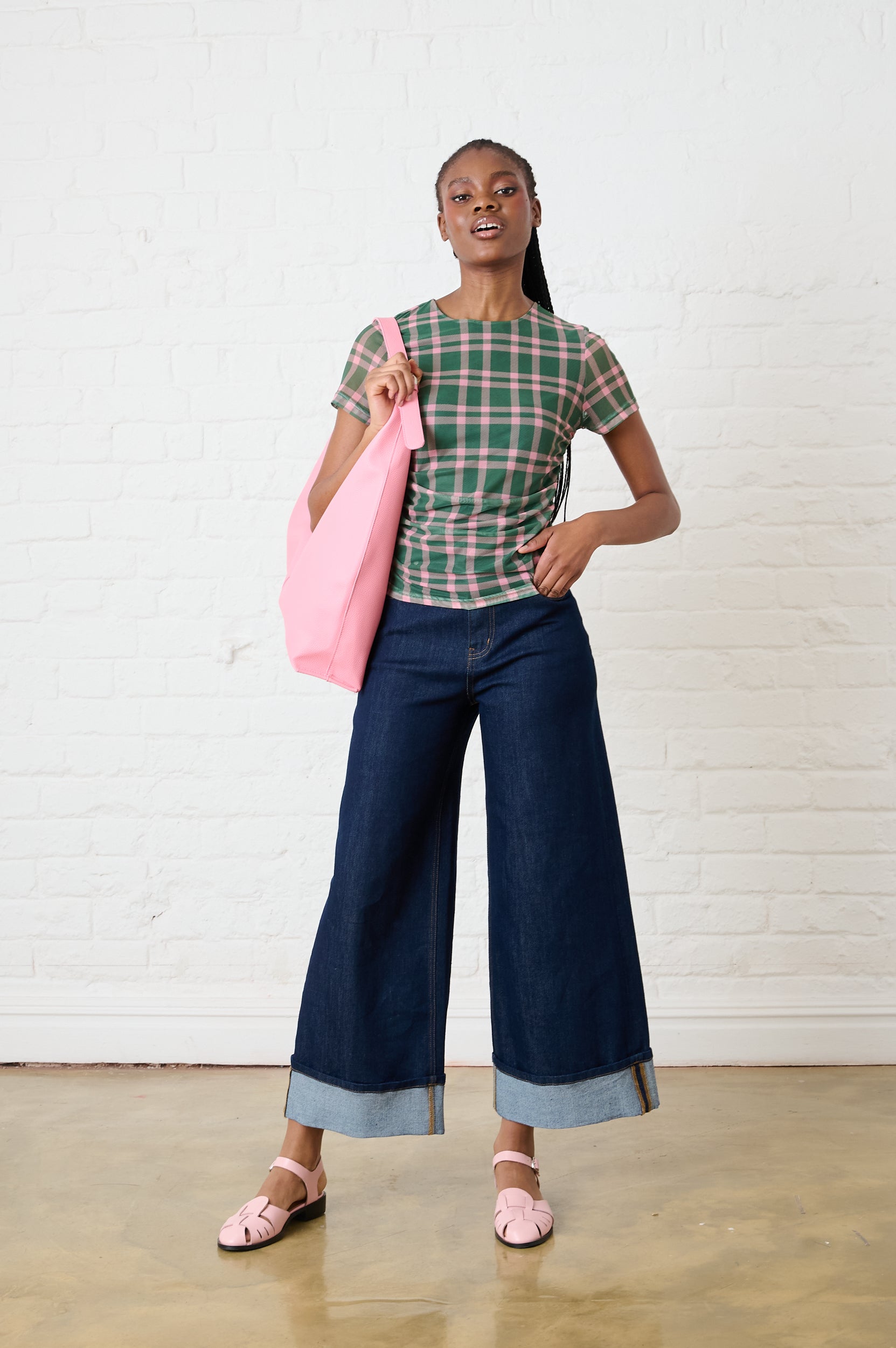 Ruched Mesh Top in Green/Pink Check