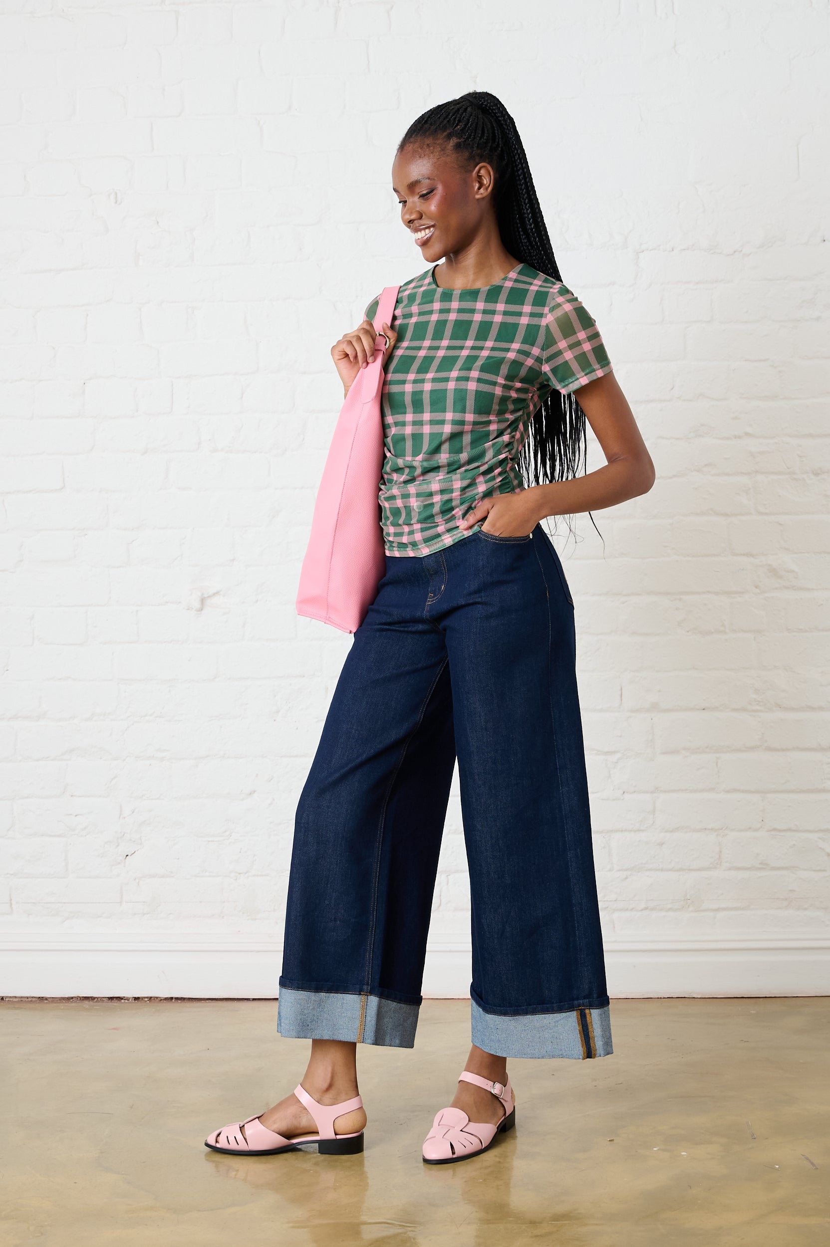 Ruched Mesh Top in Green/Pink Check