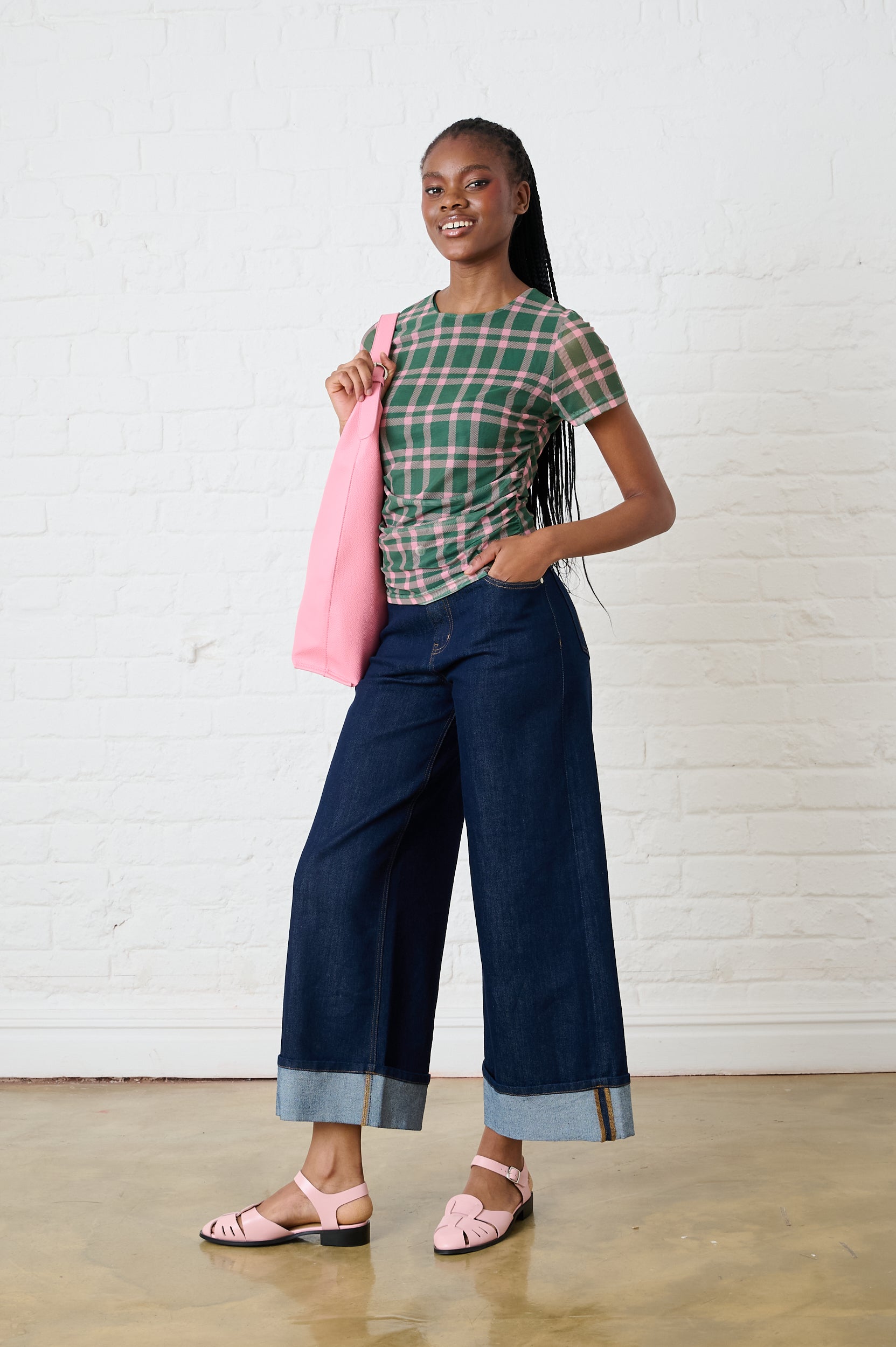 Ruched Mesh Top in Green/Pink Check