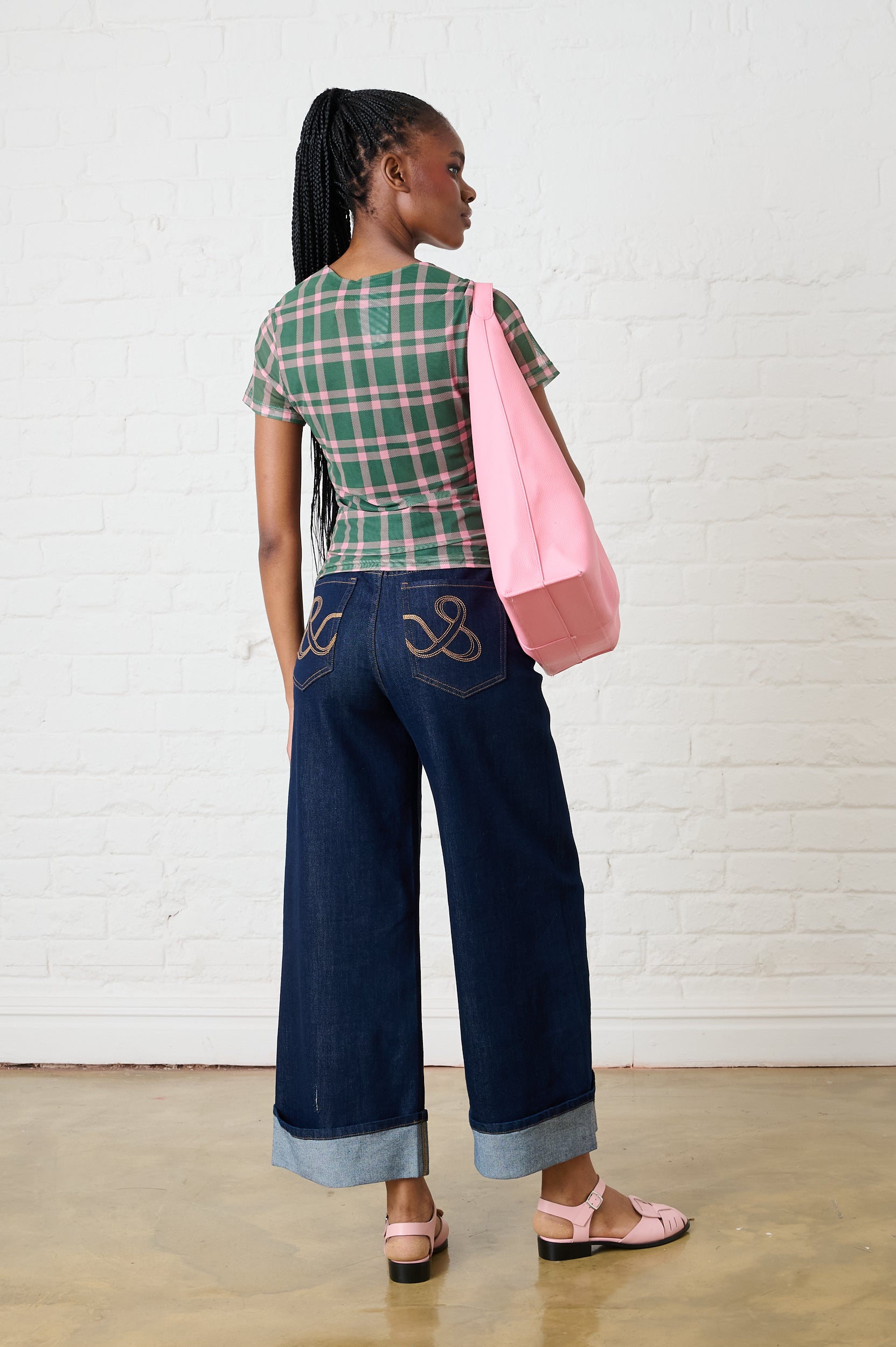Ruched Mesh Top in Green/Pink Check