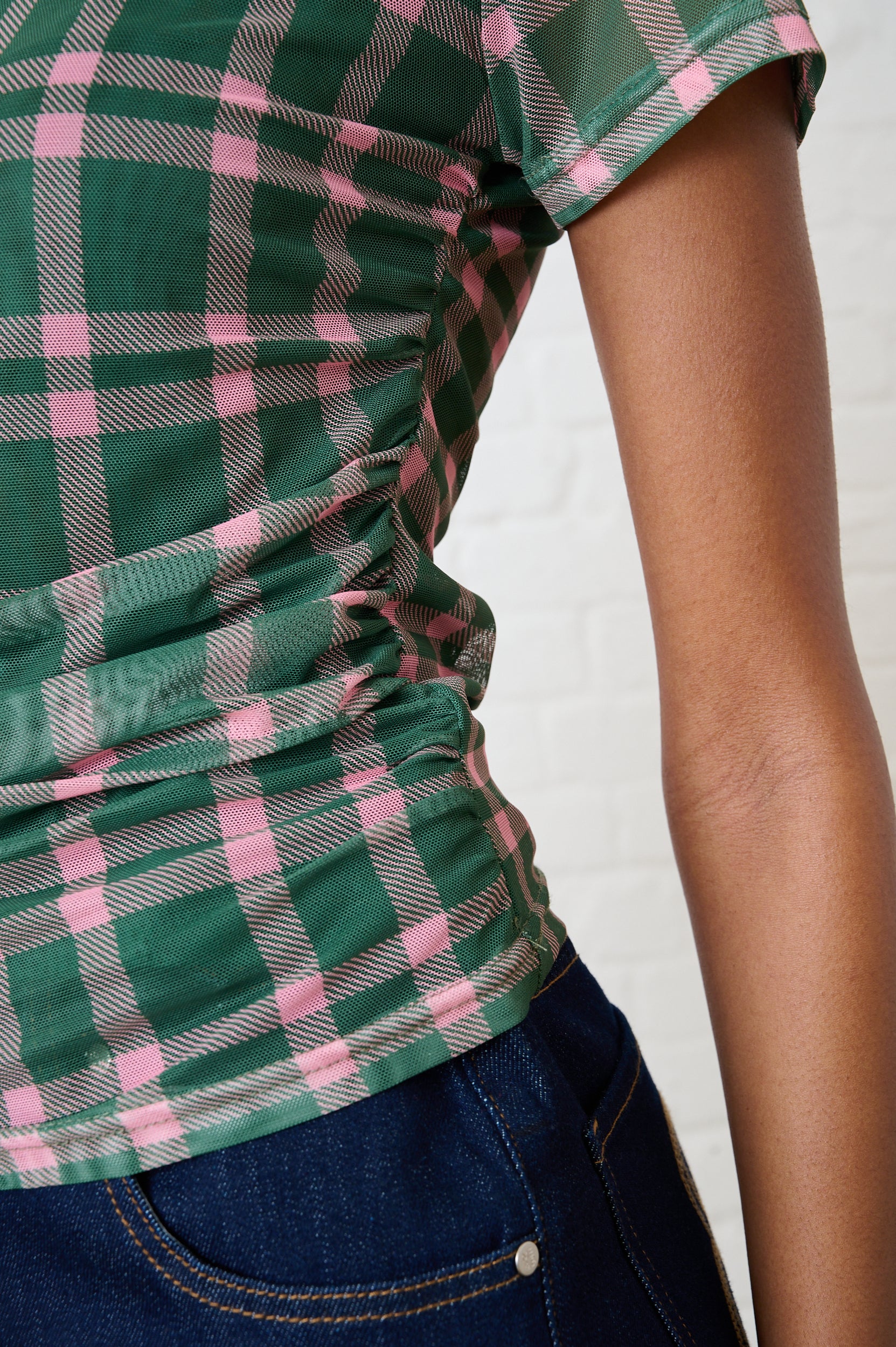 Ruched Mesh Top in Green/Pink Check