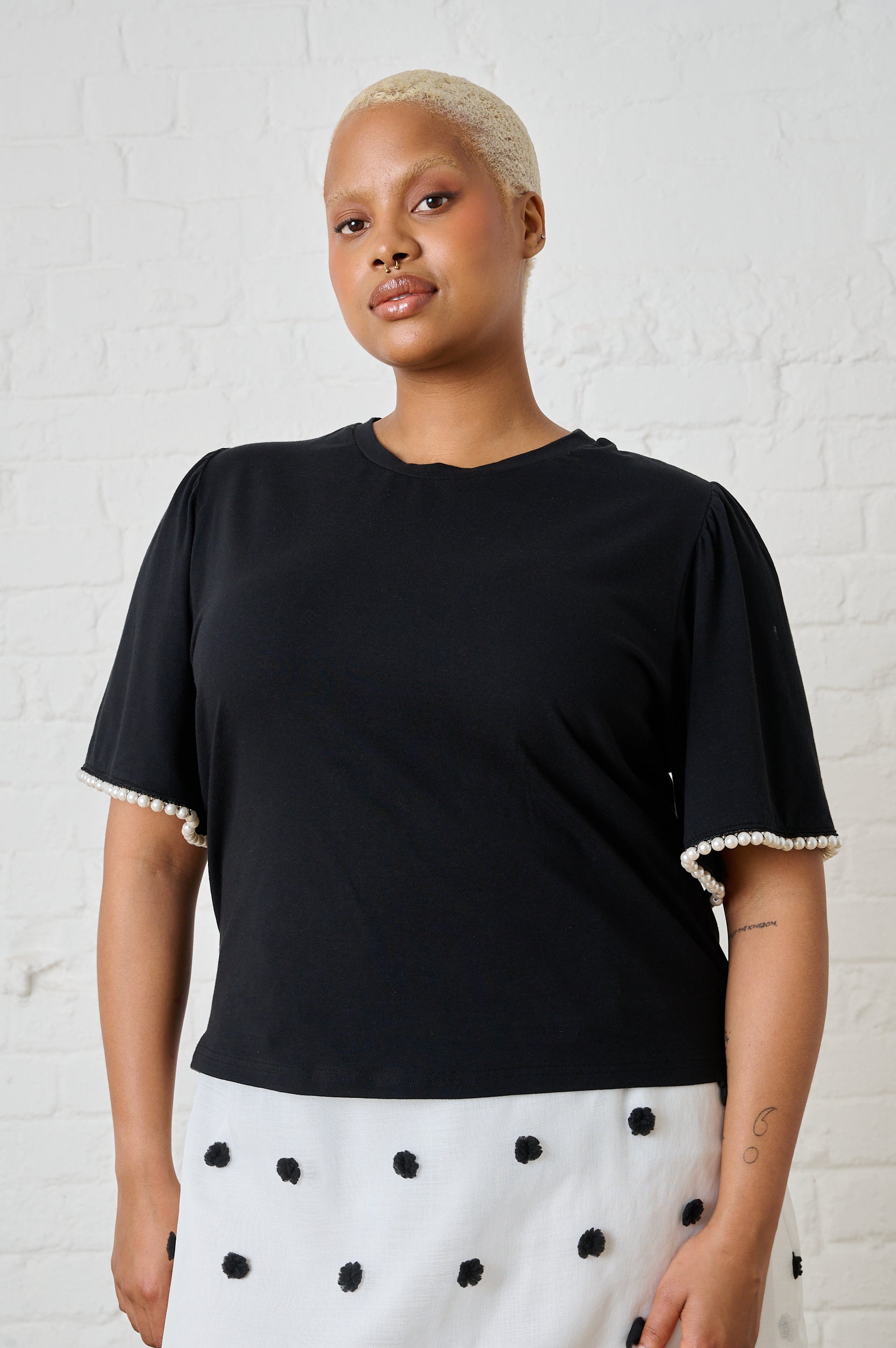 Boxy Tee in Black with Pearl Trim