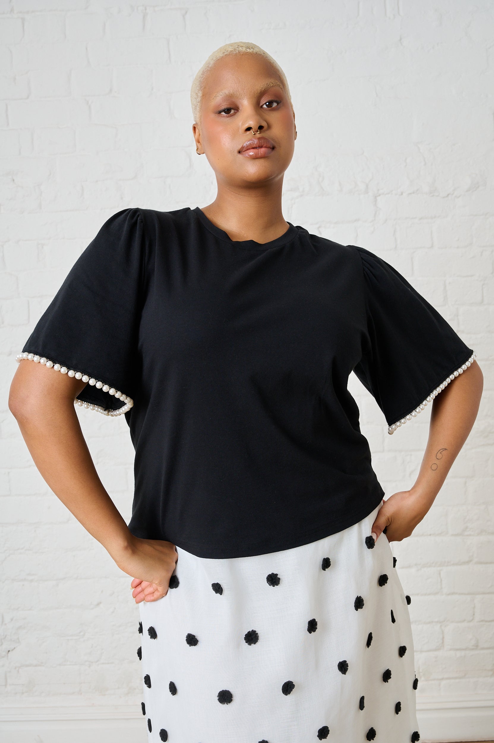 Boxy Tee in Black with Pearl Trim