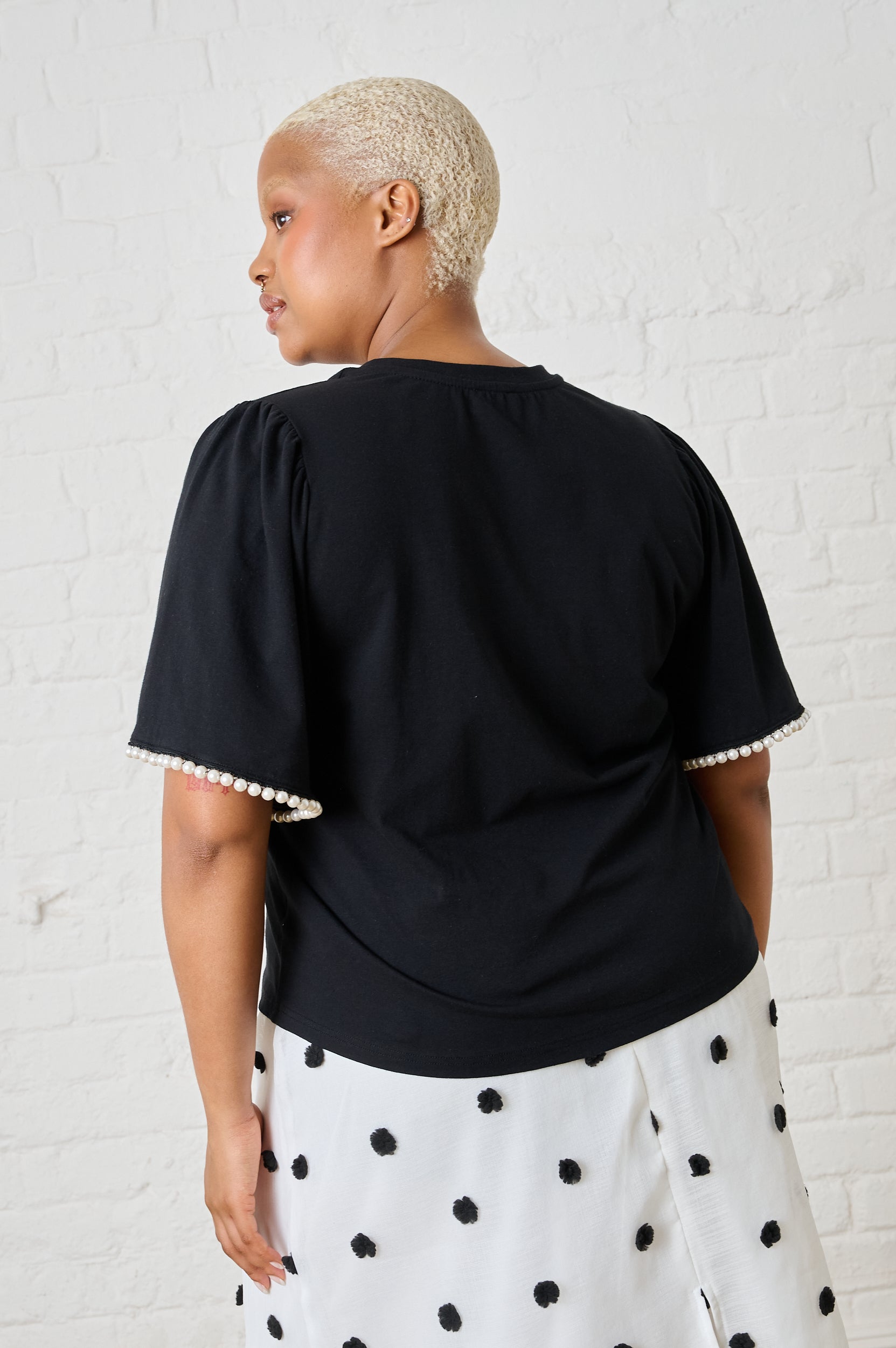 Boxy Tee in Black with Pearl Trim