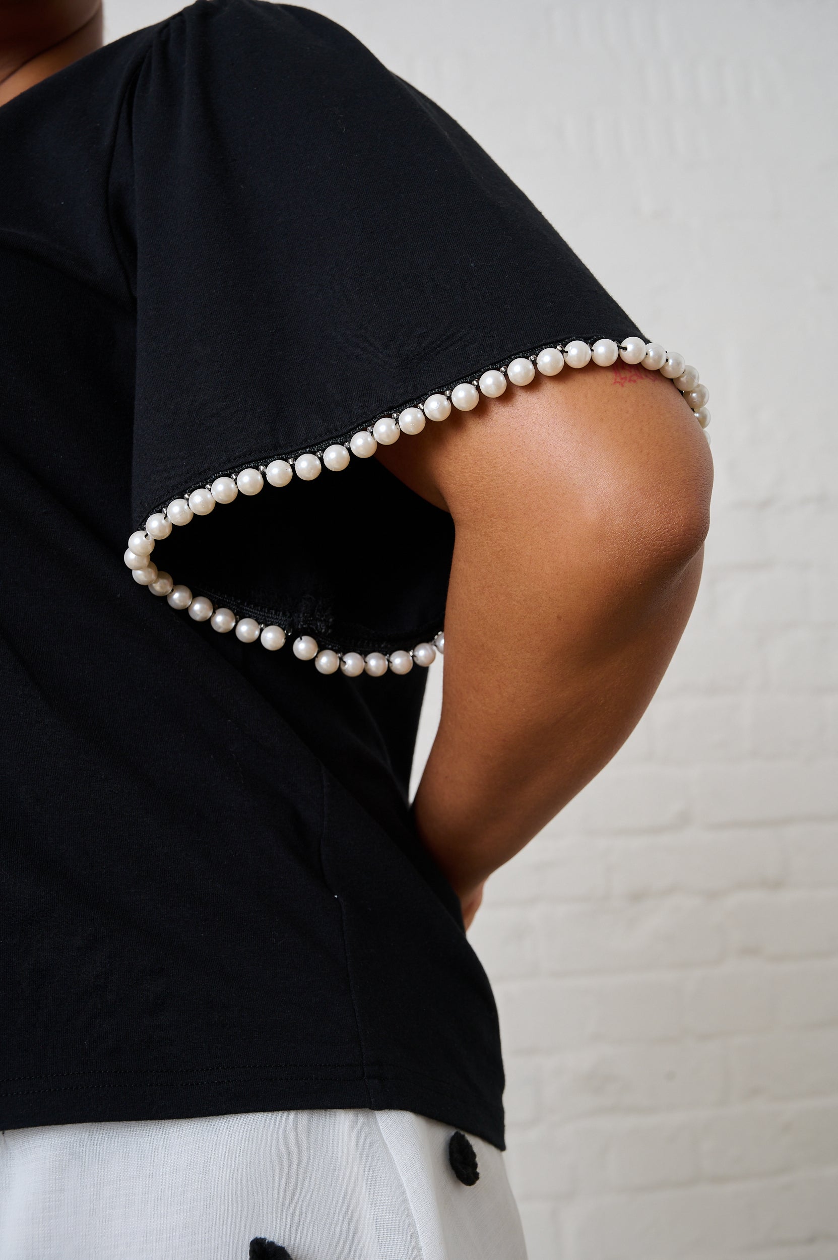 Boxy Tee in Black with Pearl Trim