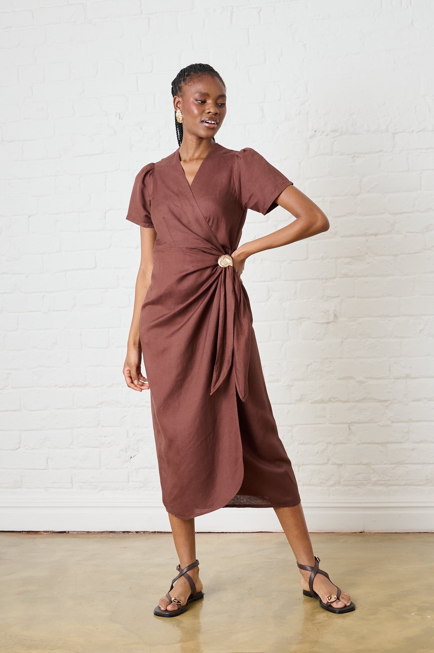 Cocoa Shell Linen Wrap Dress