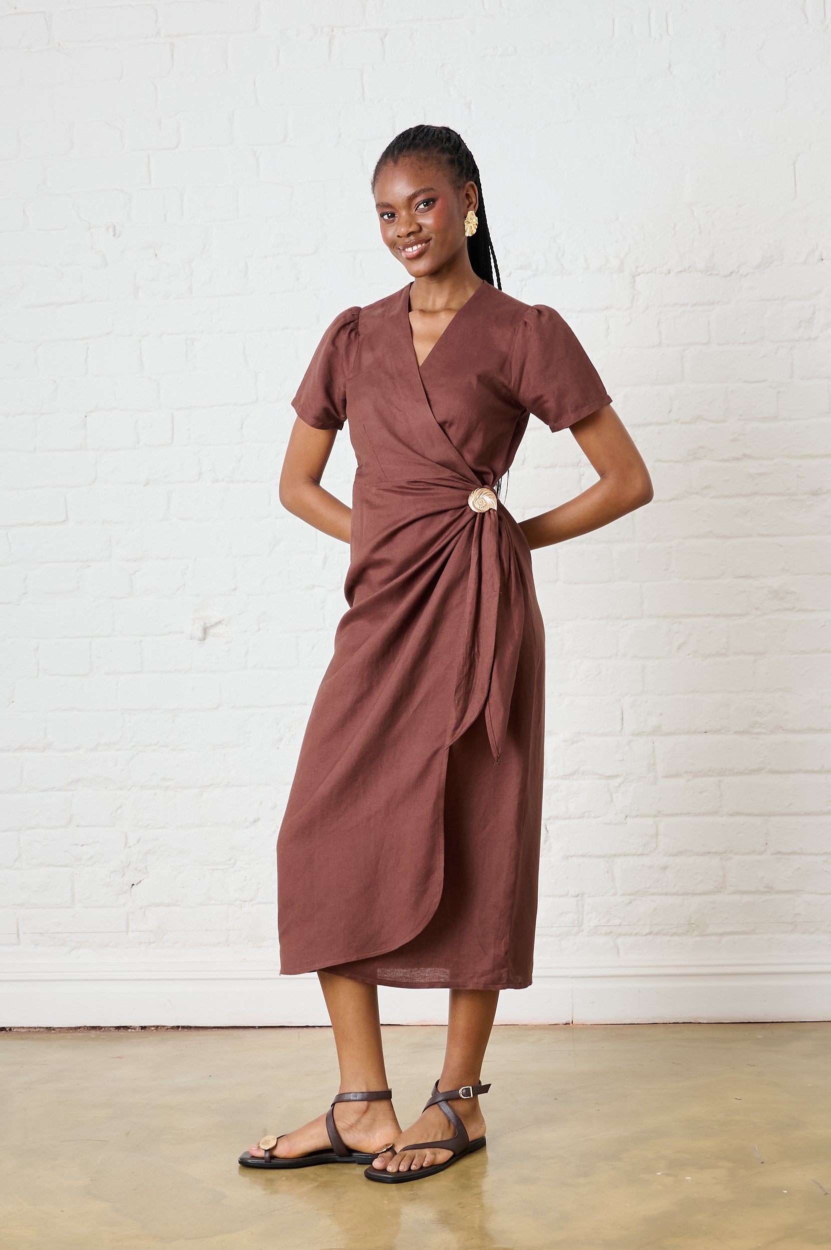 Cocoa Shell Linen Wrap Dress
