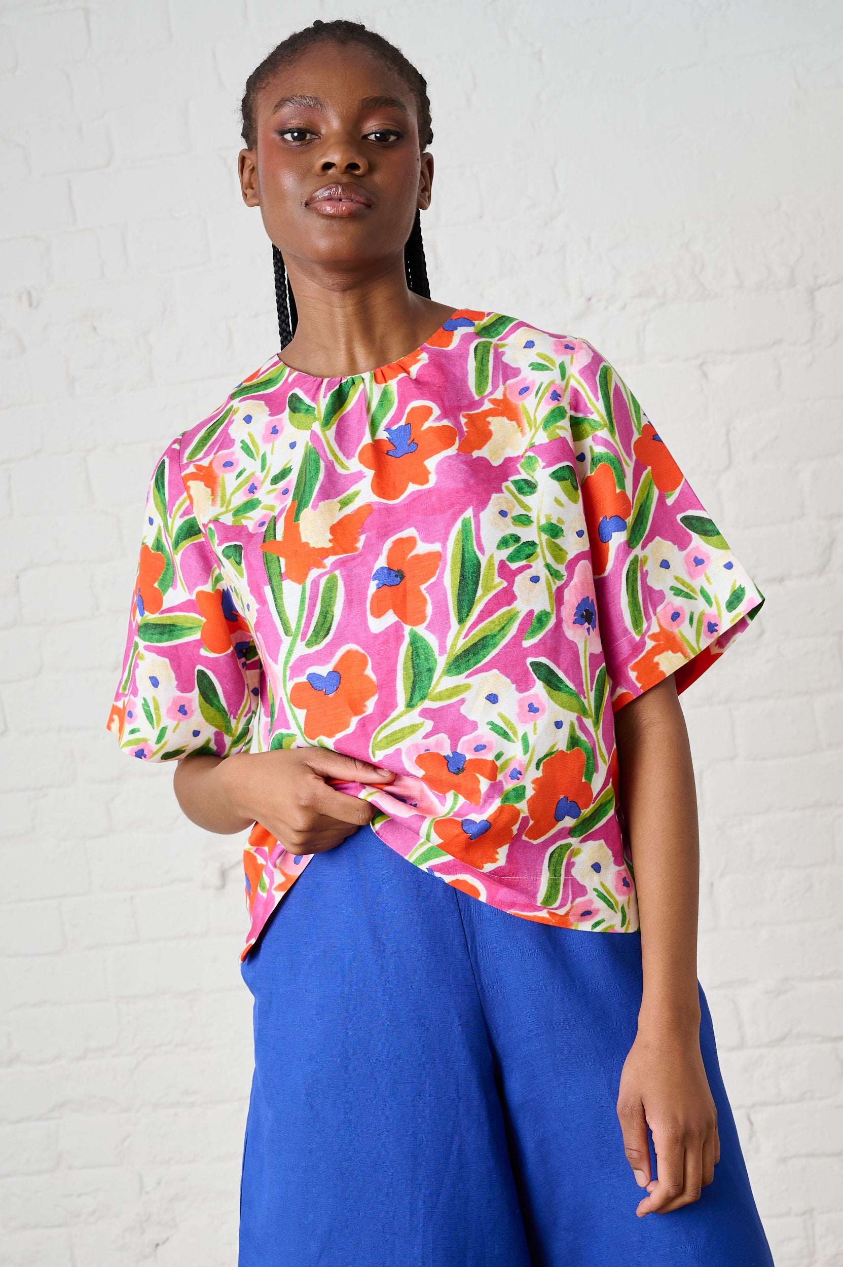 Linen T-Shirt in Watercolour Floral