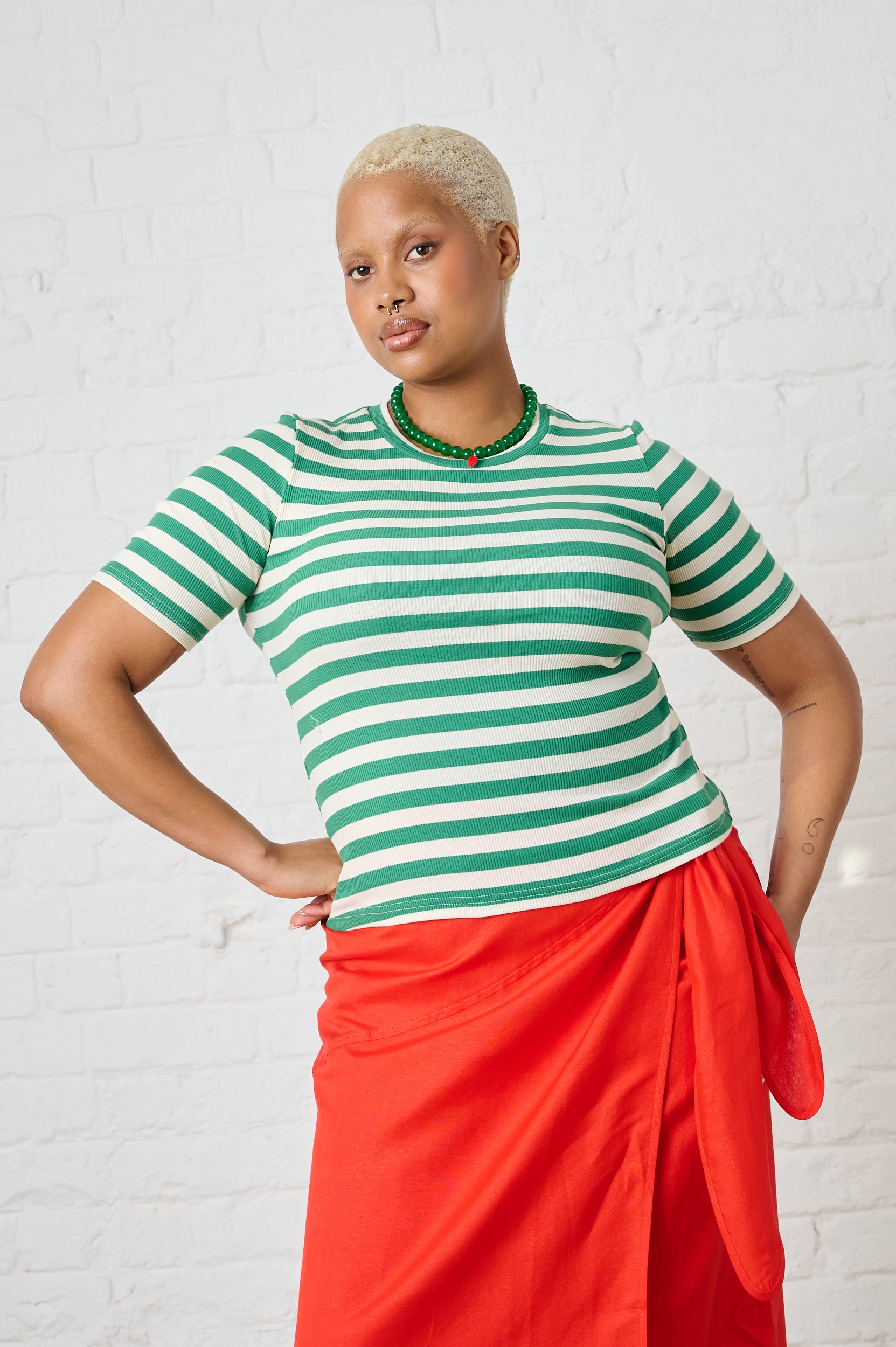 Ribbed Tee in Green/Milk Stripe