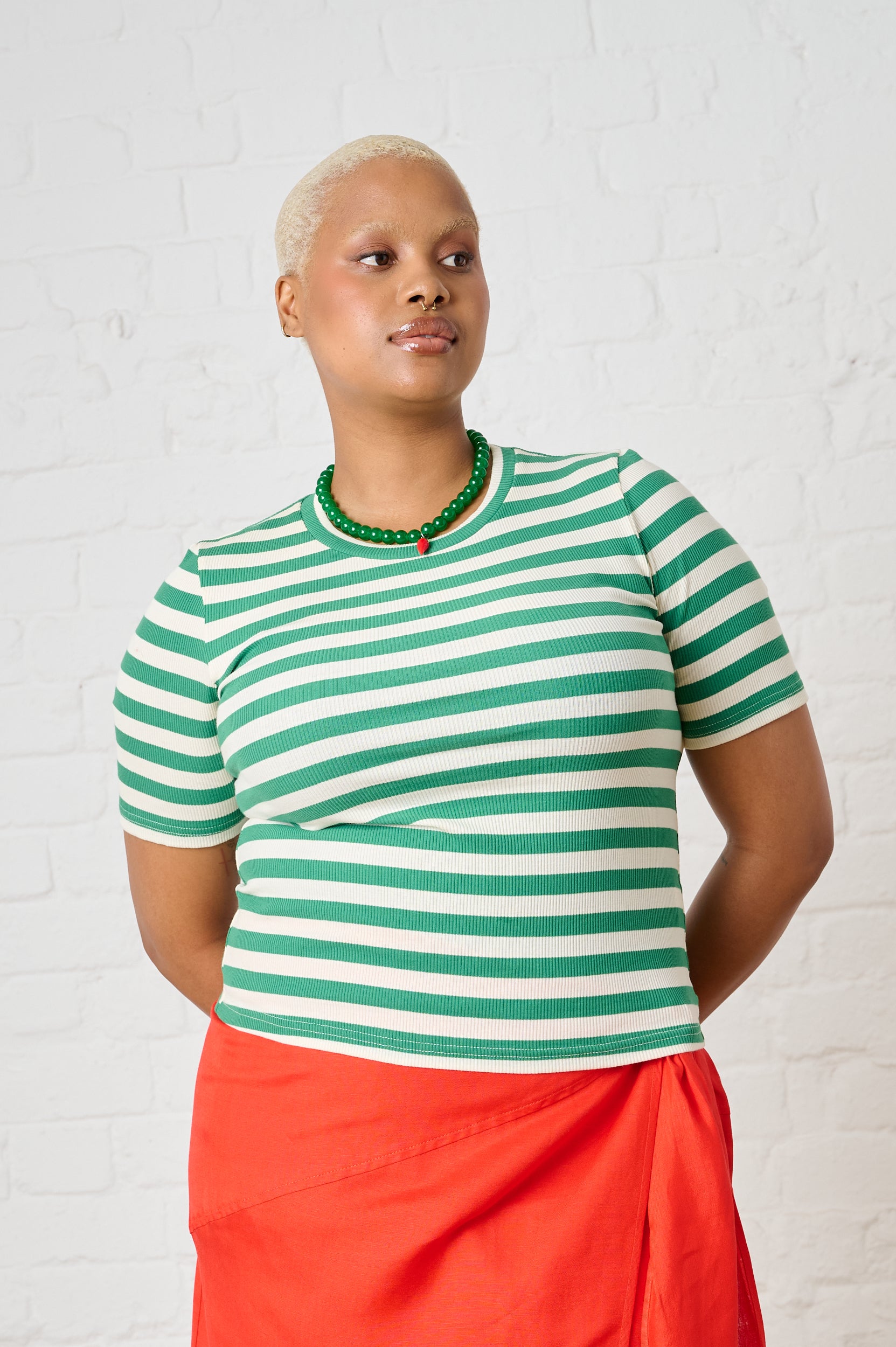 Ribbed Tee in Green/Milk Stripe
