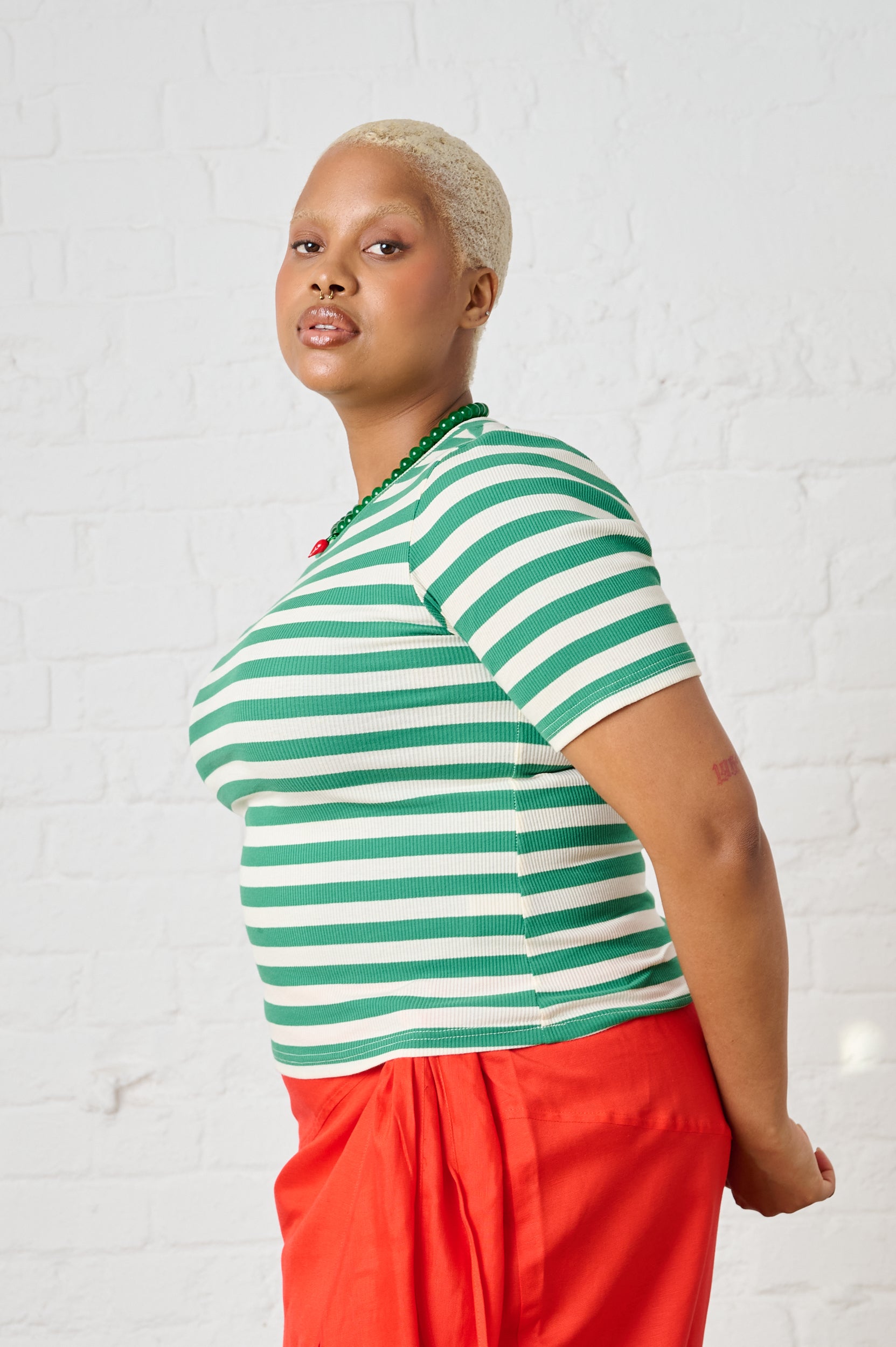 Ribbed Tee in Green/Milk Stripe