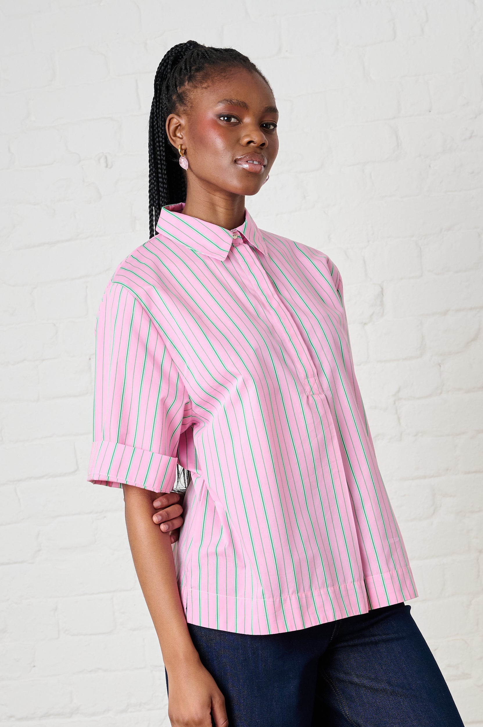 Cotton Boxy in Pink/Green Stripe