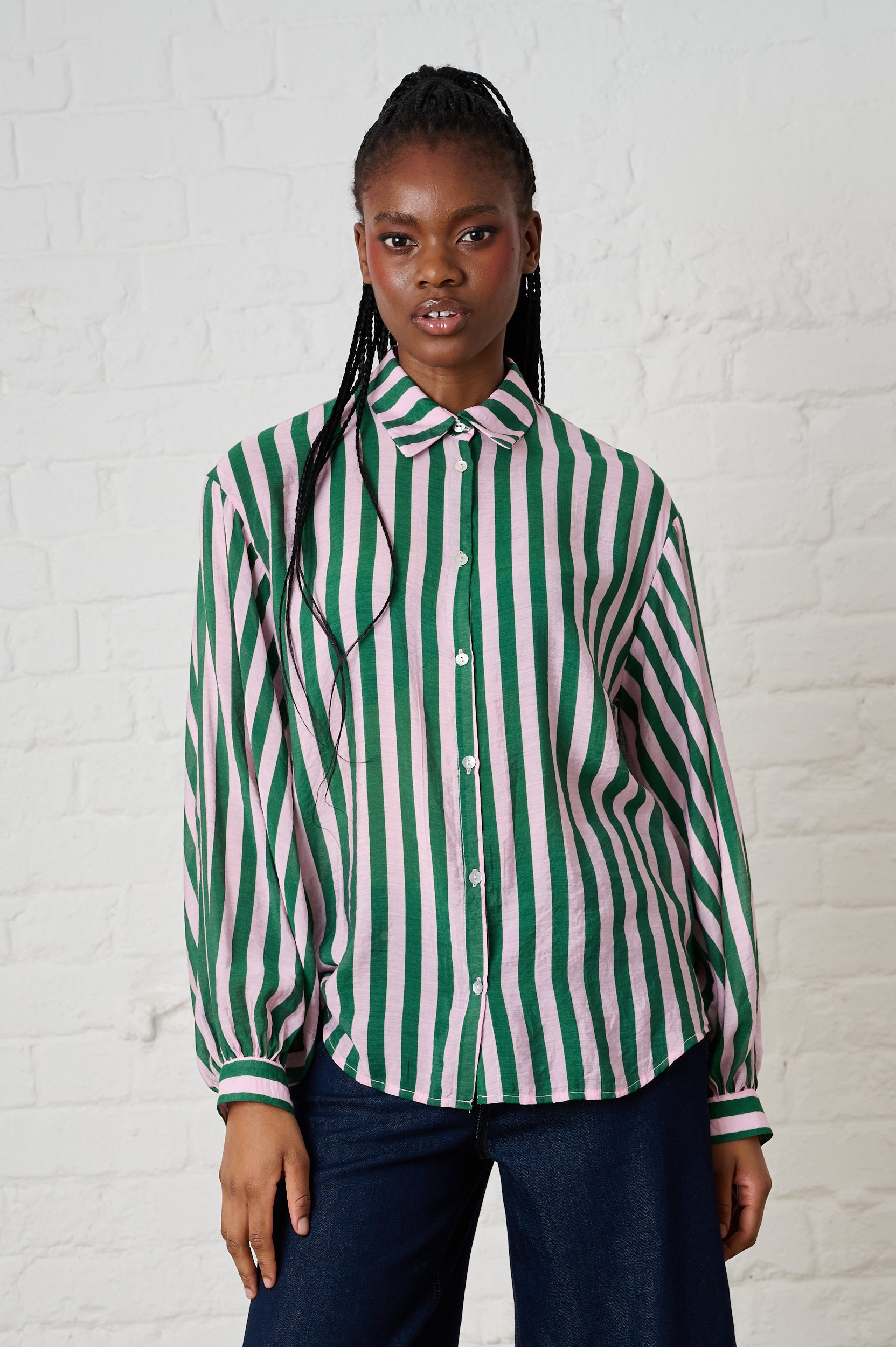 Bellow Sleeve Shirt in Green/Soft Pink Stripe