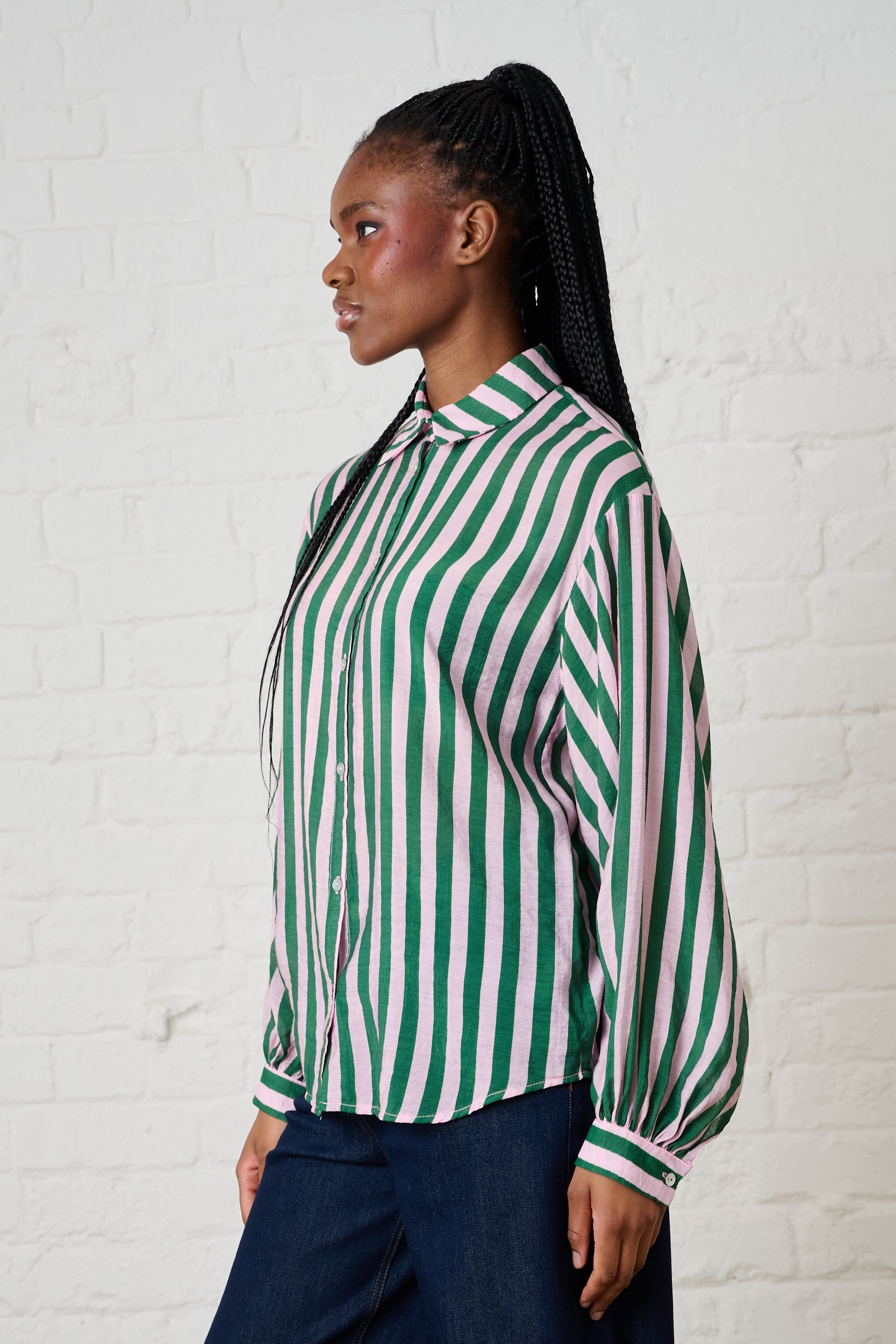 Bellow Sleeve Shirt in Green/Soft Pink Stripe