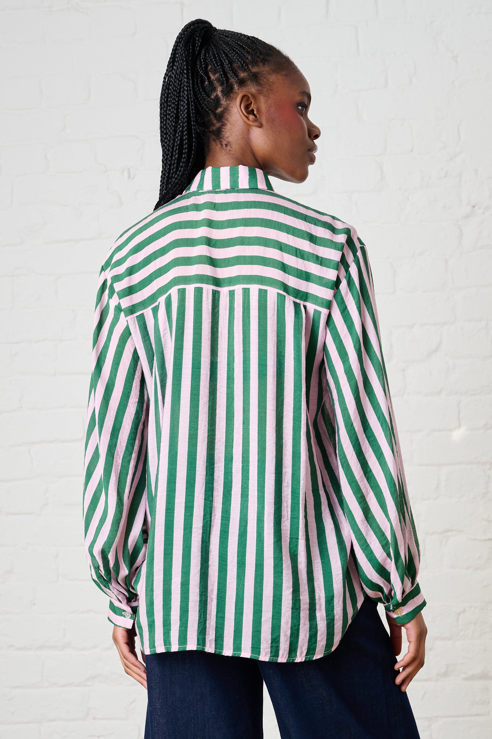 Bellow Sleeve Shirt in Green/Soft Pink Stripe