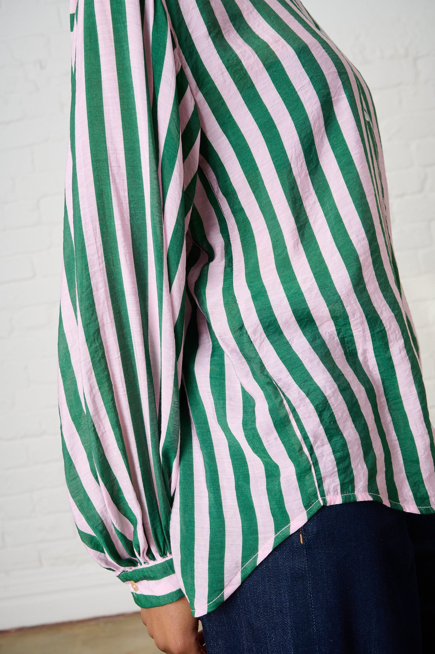 Bellow Sleeve Shirt in Green/Soft Pink Stripe