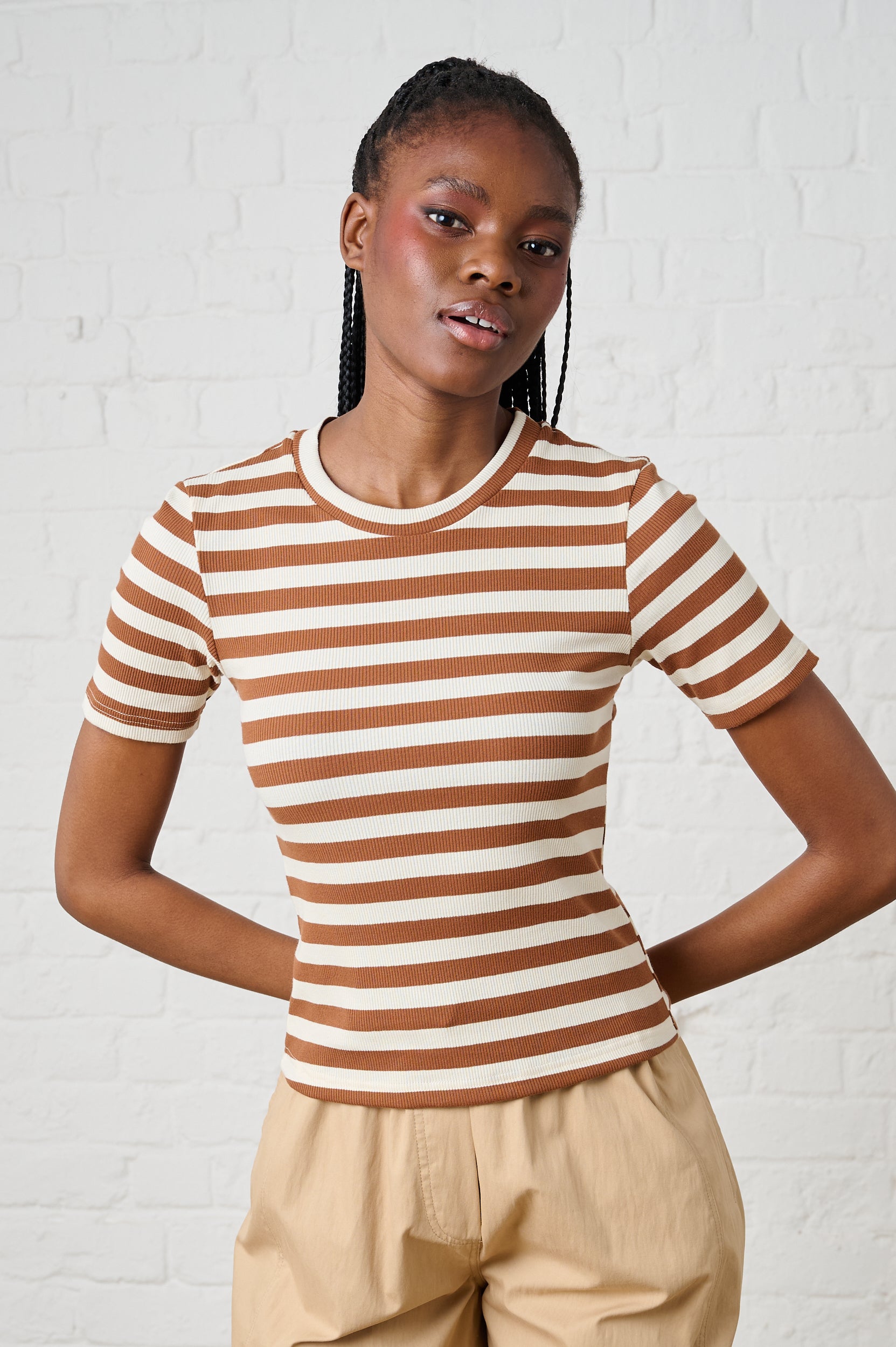 Ribbed Tee in Mocha/Milk Stripe