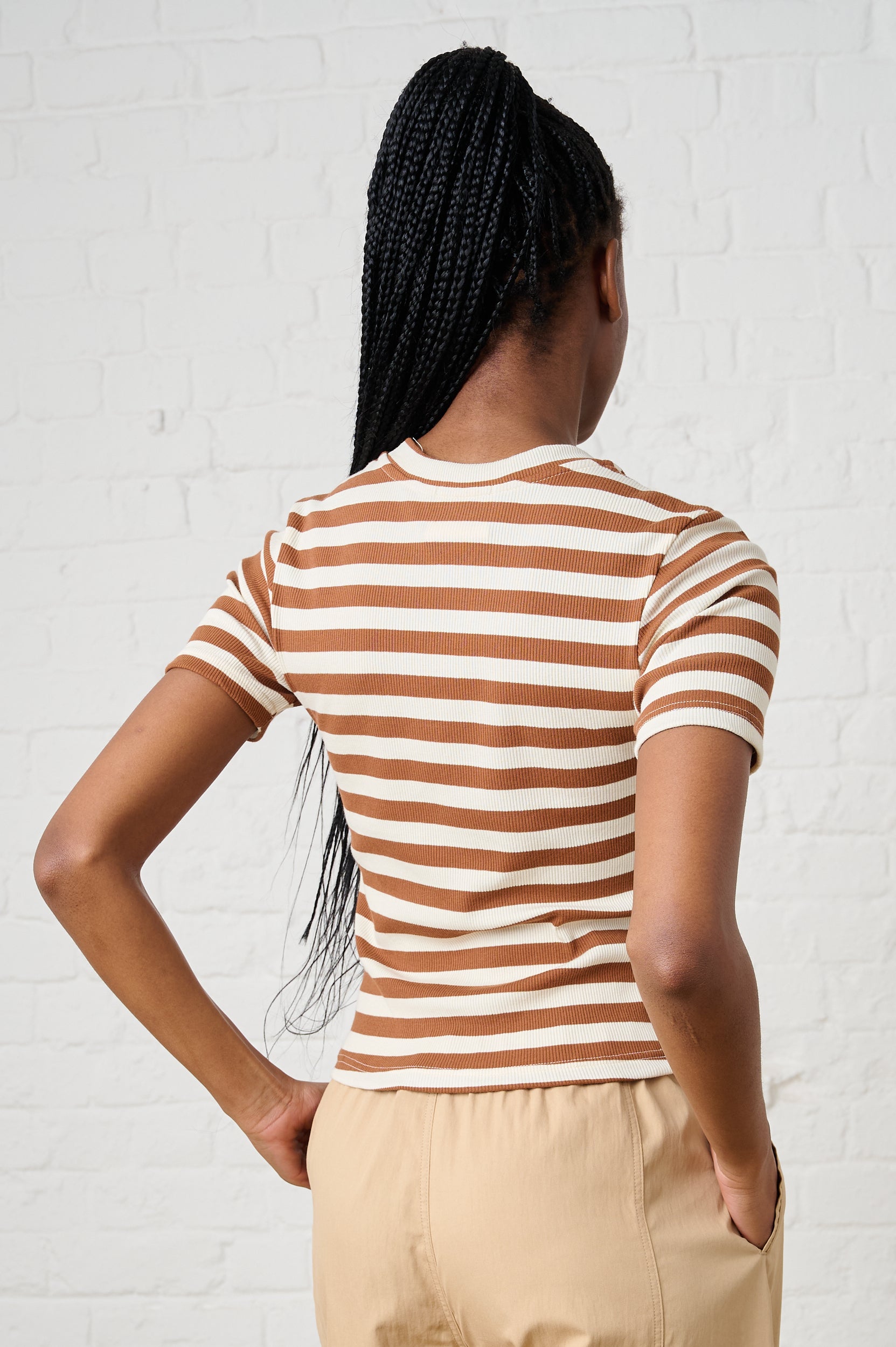Ribbed Tee in Mocha/Milk Stripe