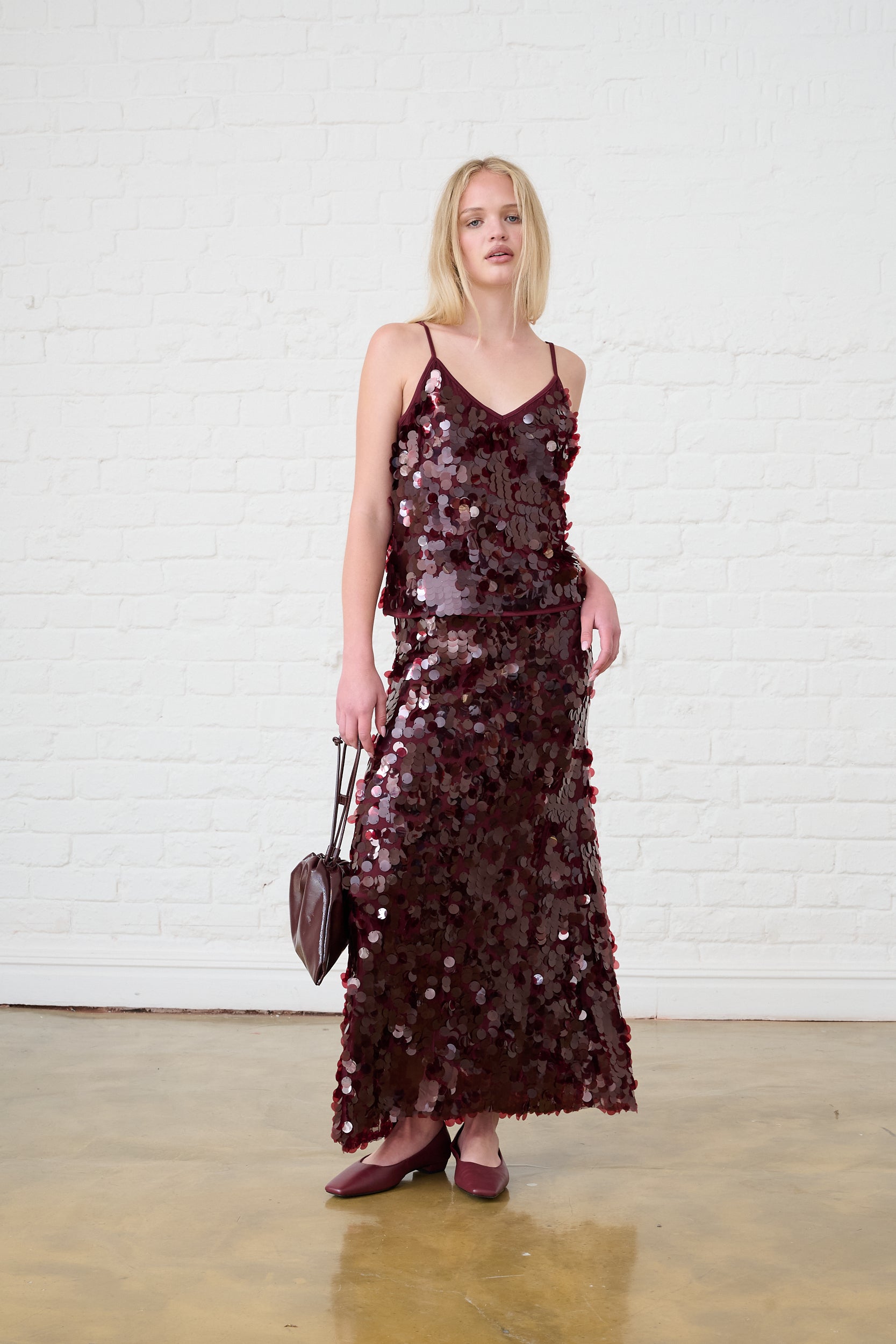 Sequin Maxi Skirt in Burgundy