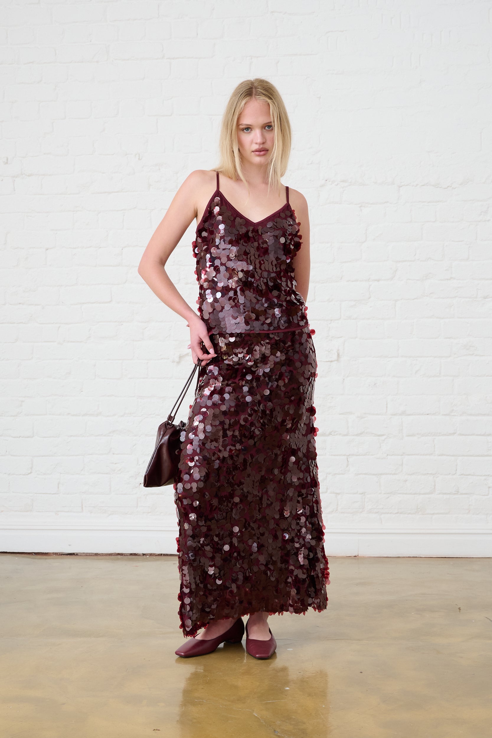 Sequin Maxi Skirt in Burgundy