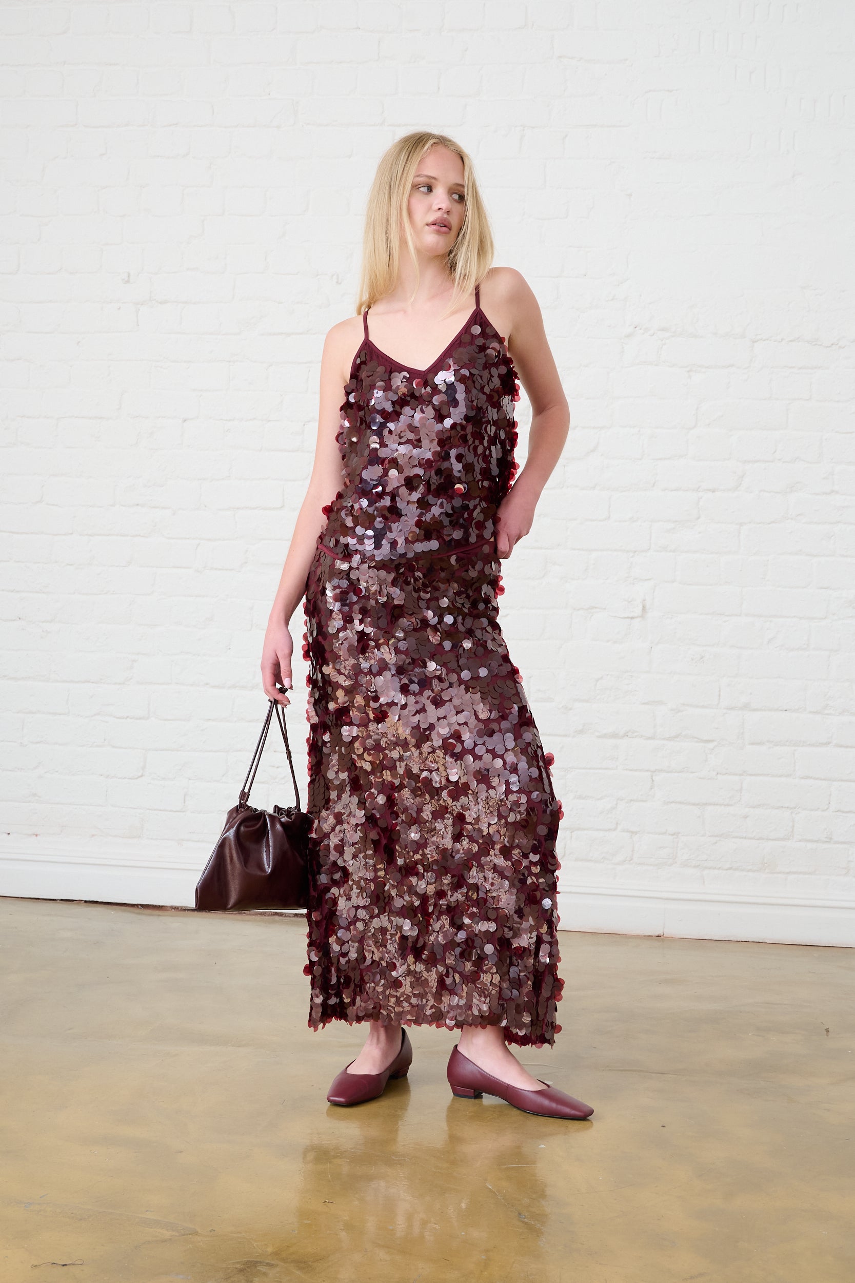 Sequin Maxi Skirt in Burgundy