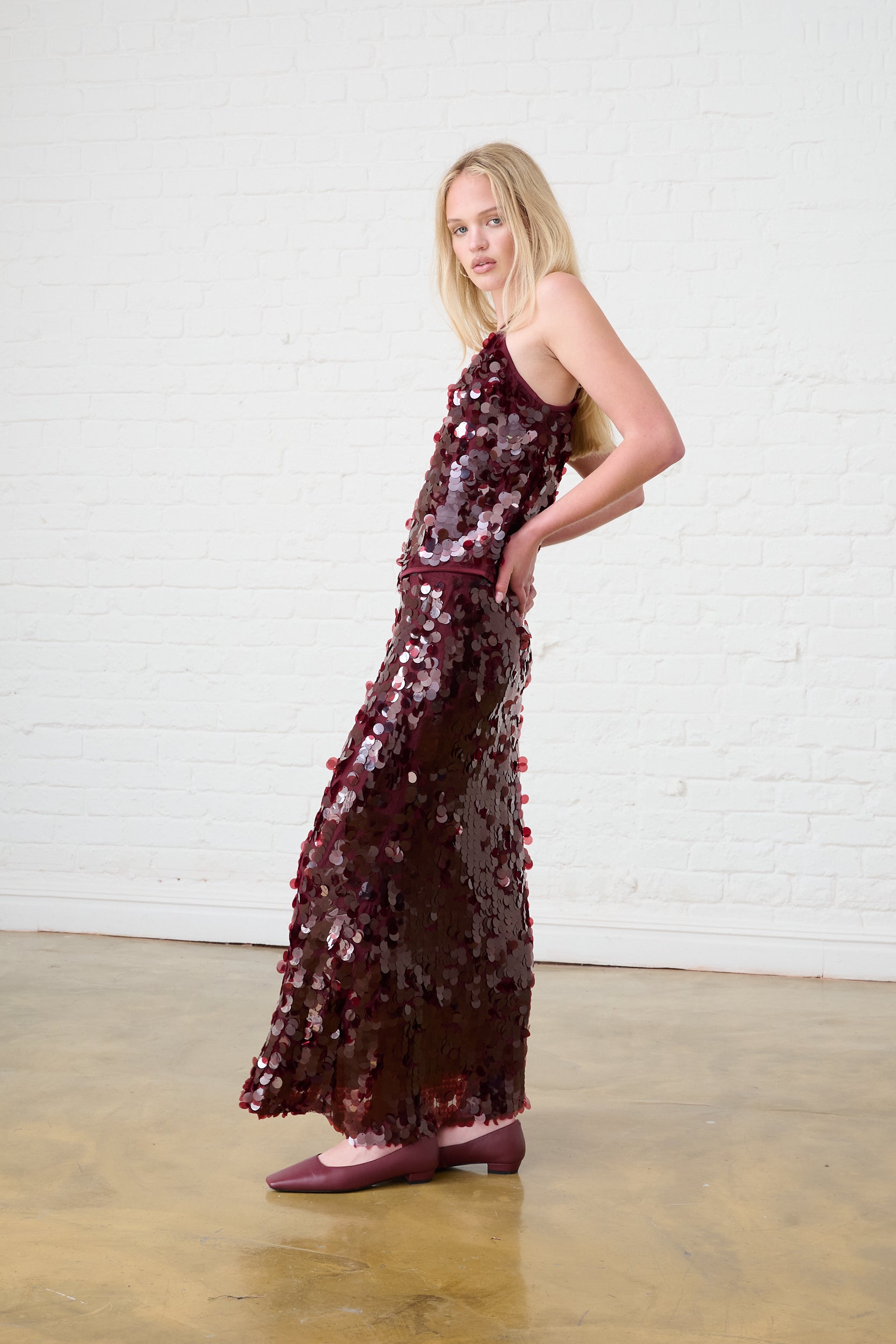 Sequin Maxi Skirt in Burgundy