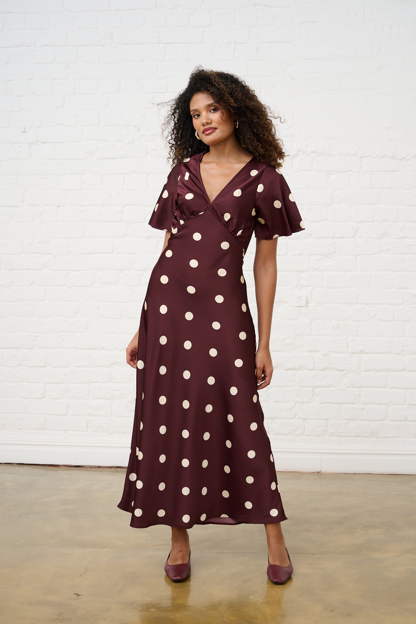 Burgundy Spot Satin Maxi Dress with Sleeve Me&B Burgundy Spot Satin Maxi Dress with Sleeve Me&B